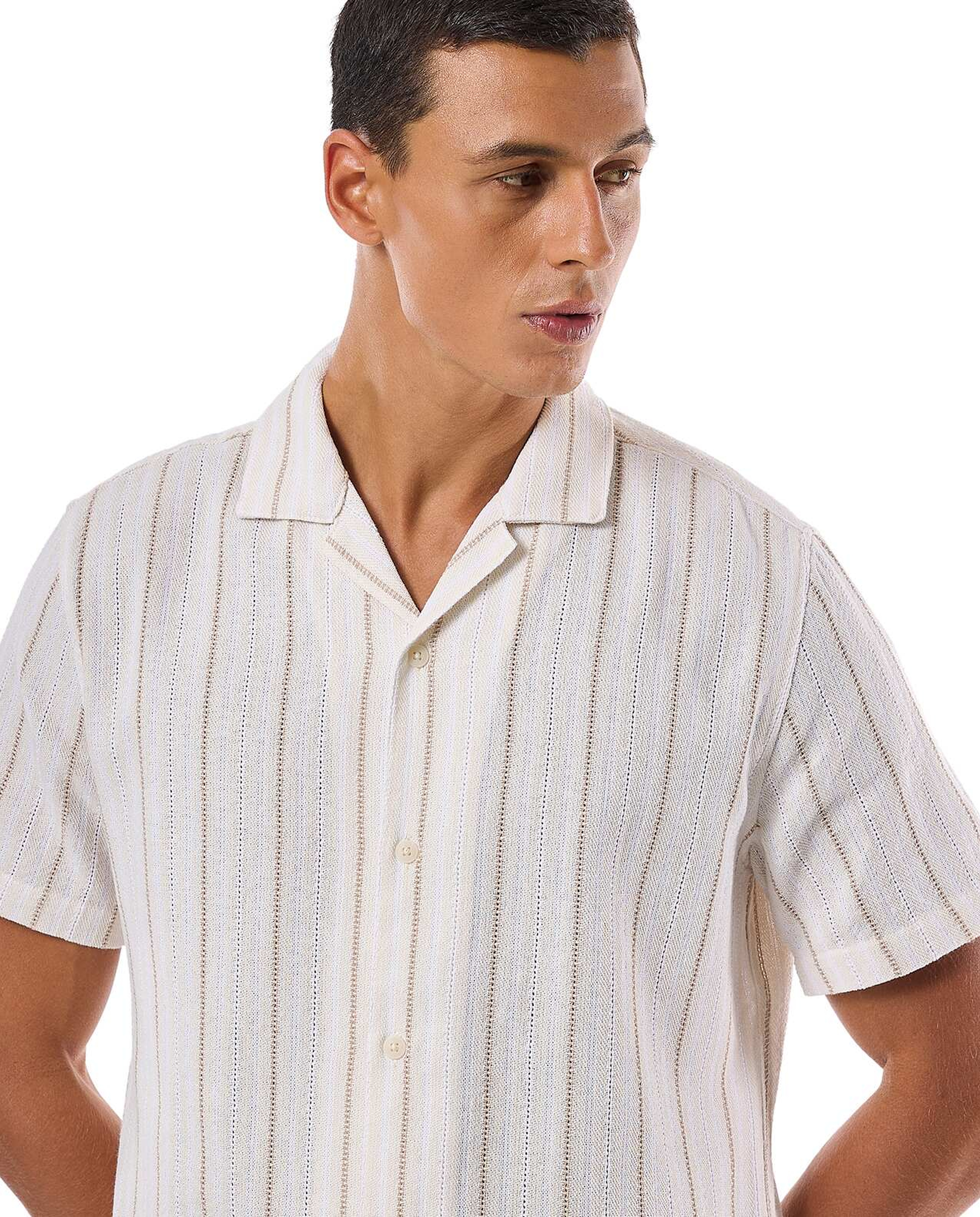 Striped Shirt with Revere Collar and Short Sleeves