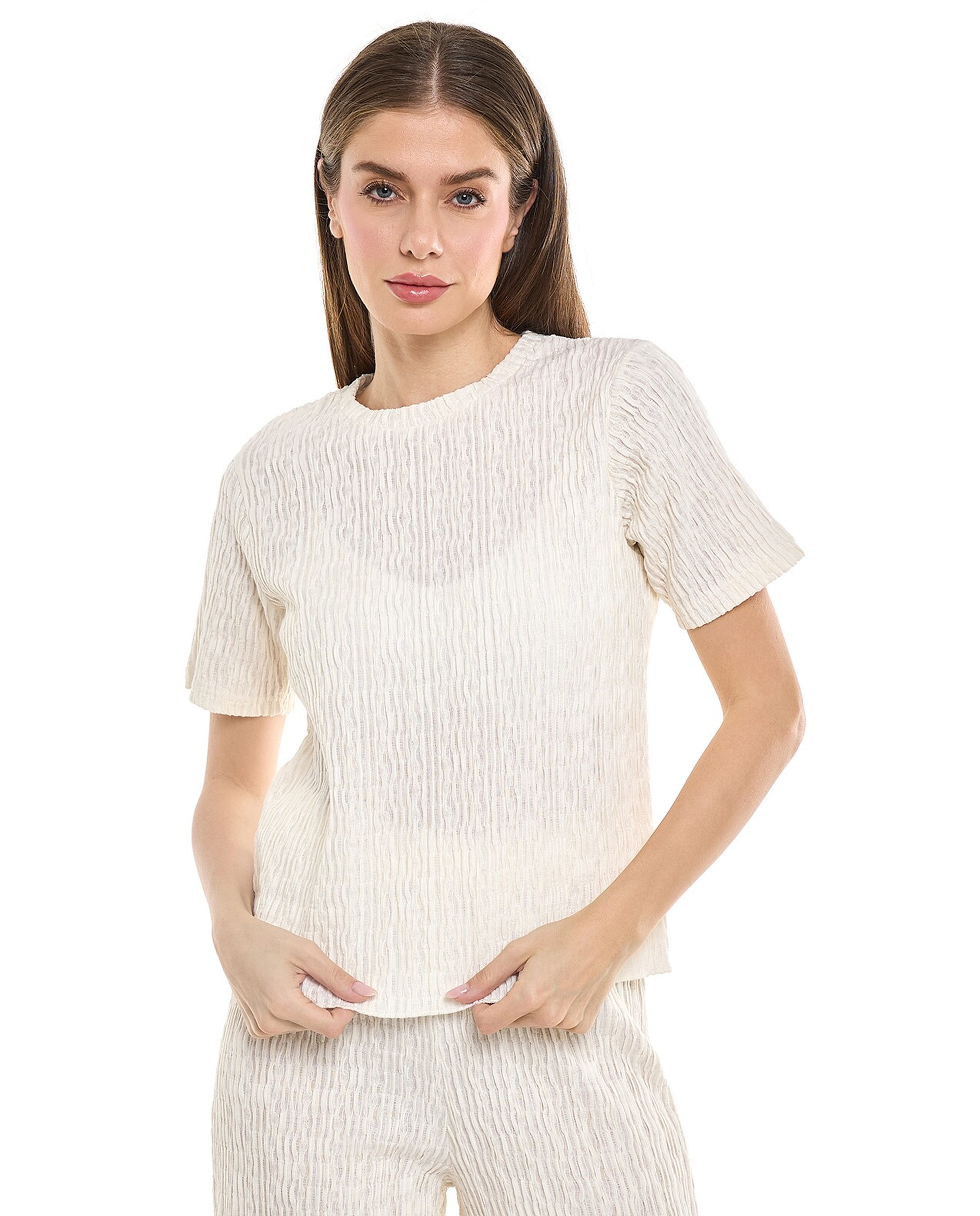 Textured Top with Crew Neck and Short Sleeves