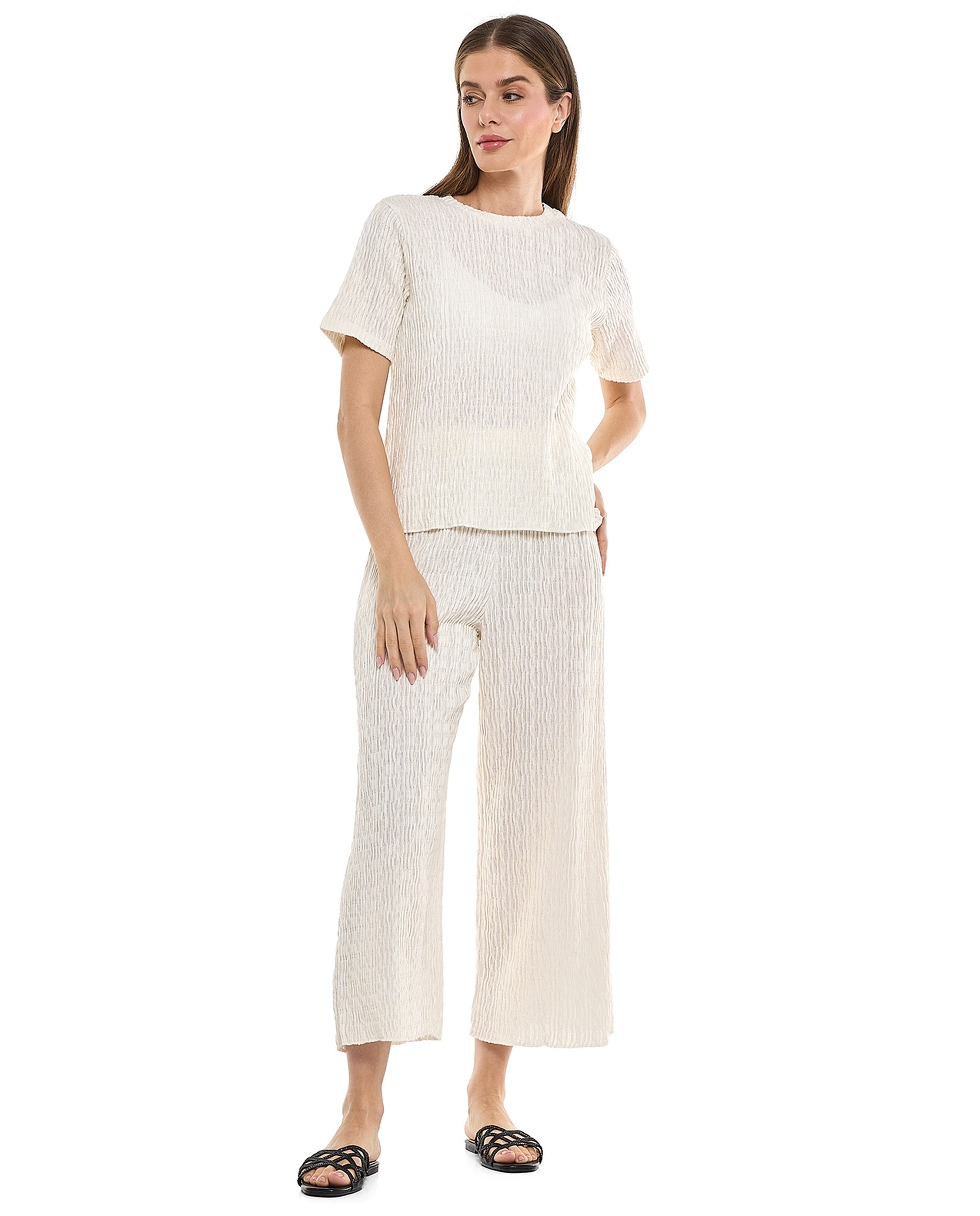 Textured Top with Crew Neck and Short Sleeves