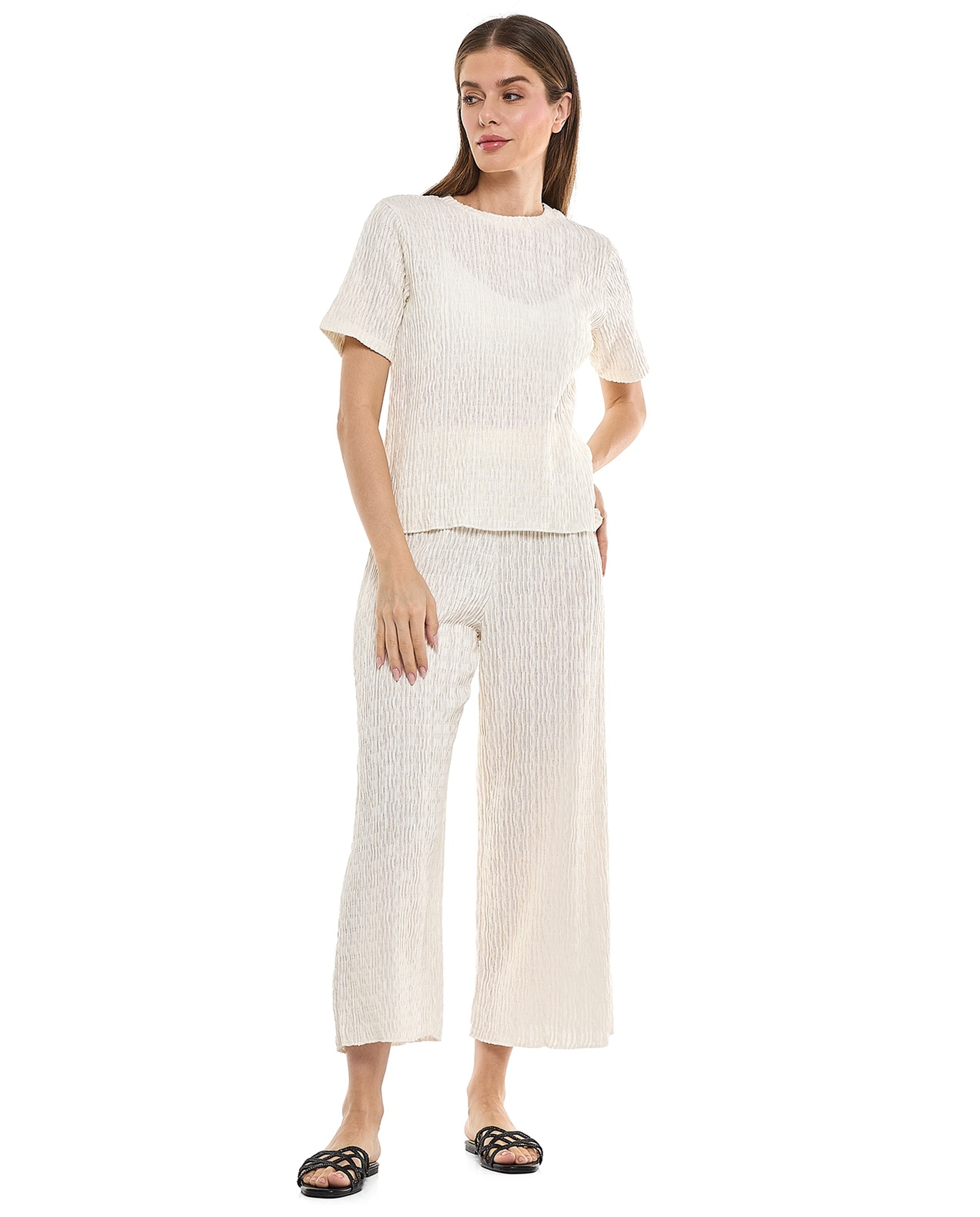 Textured Top with Crew Neck and Short Sleeves