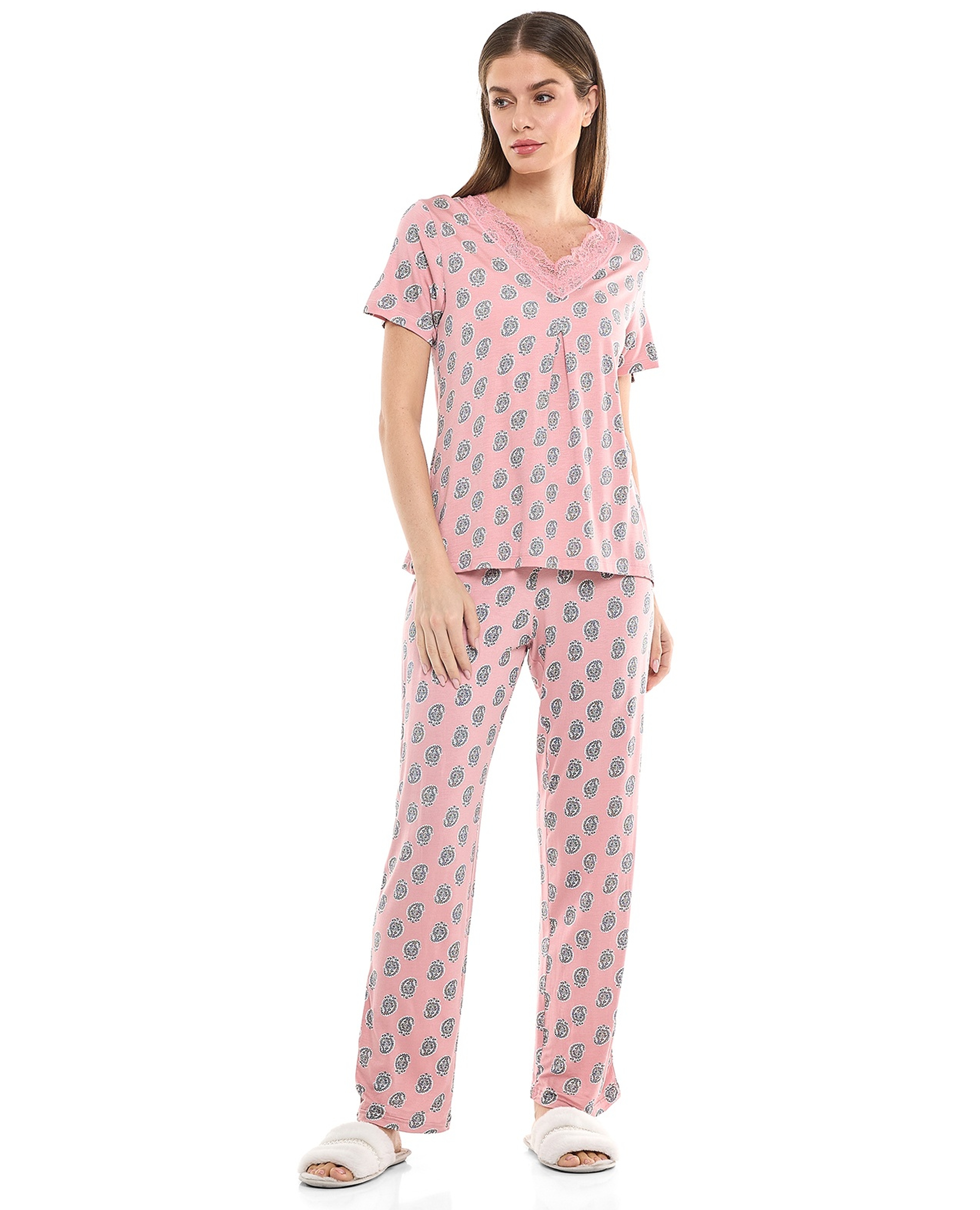 Printed Pyjama Set with V-Neck and Short Sleeves