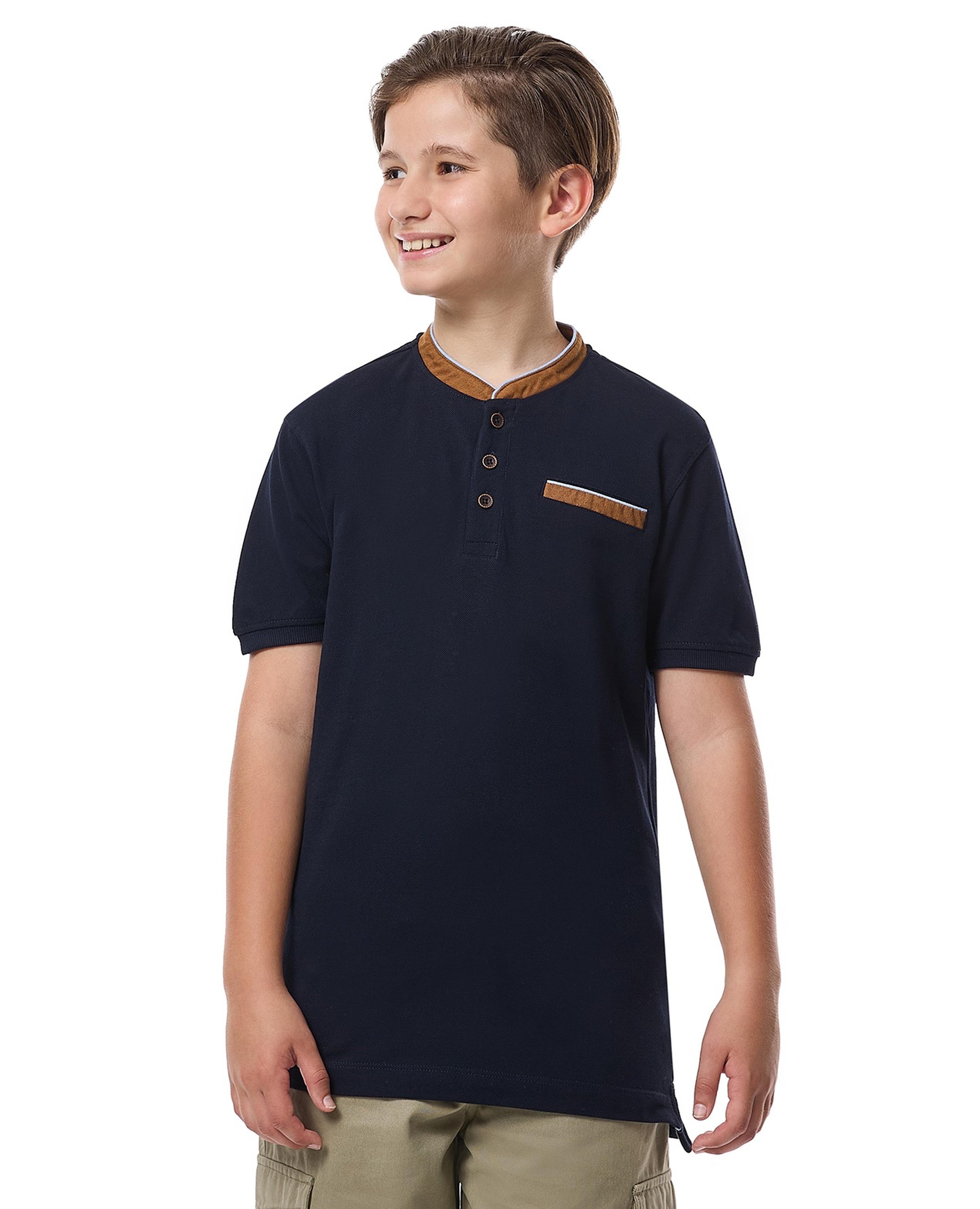 Contrast Trim T-Shirt with Henley Neck and Short Sleeves