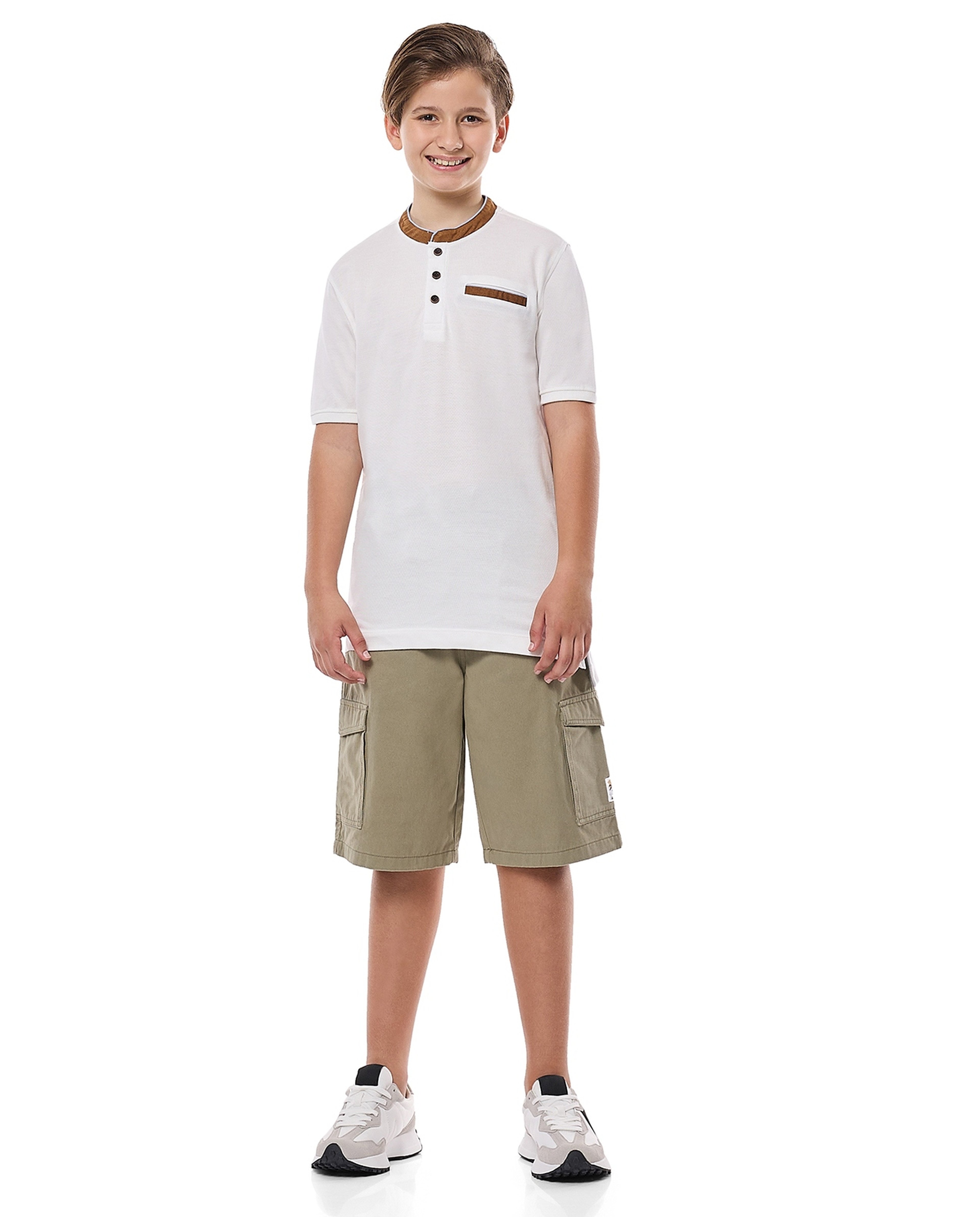 Contrast Trim T-Shirt with Henley Neck and Short Sleeves