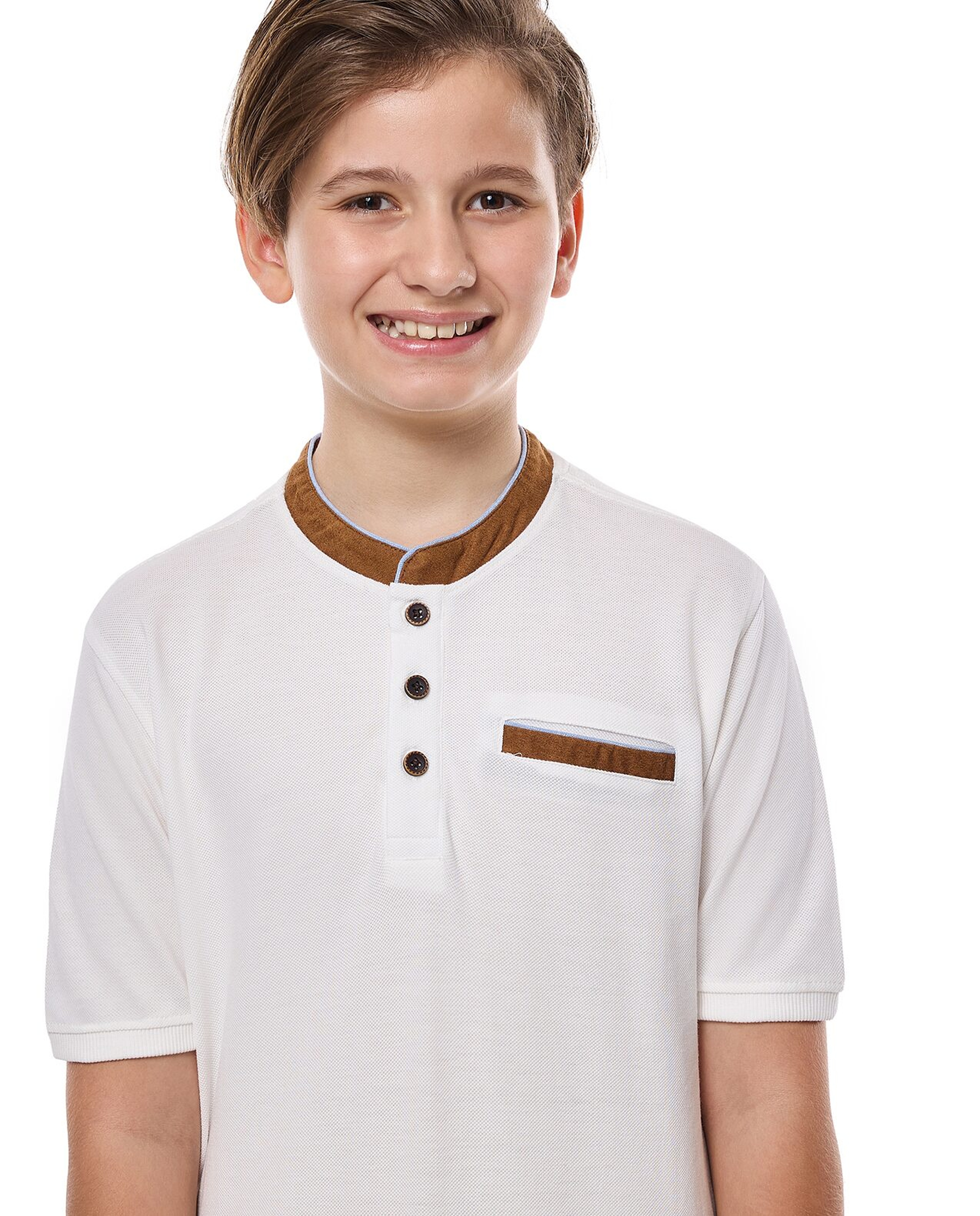 Contrast Trim T-Shirt with Henley Neck and Short Sleeves