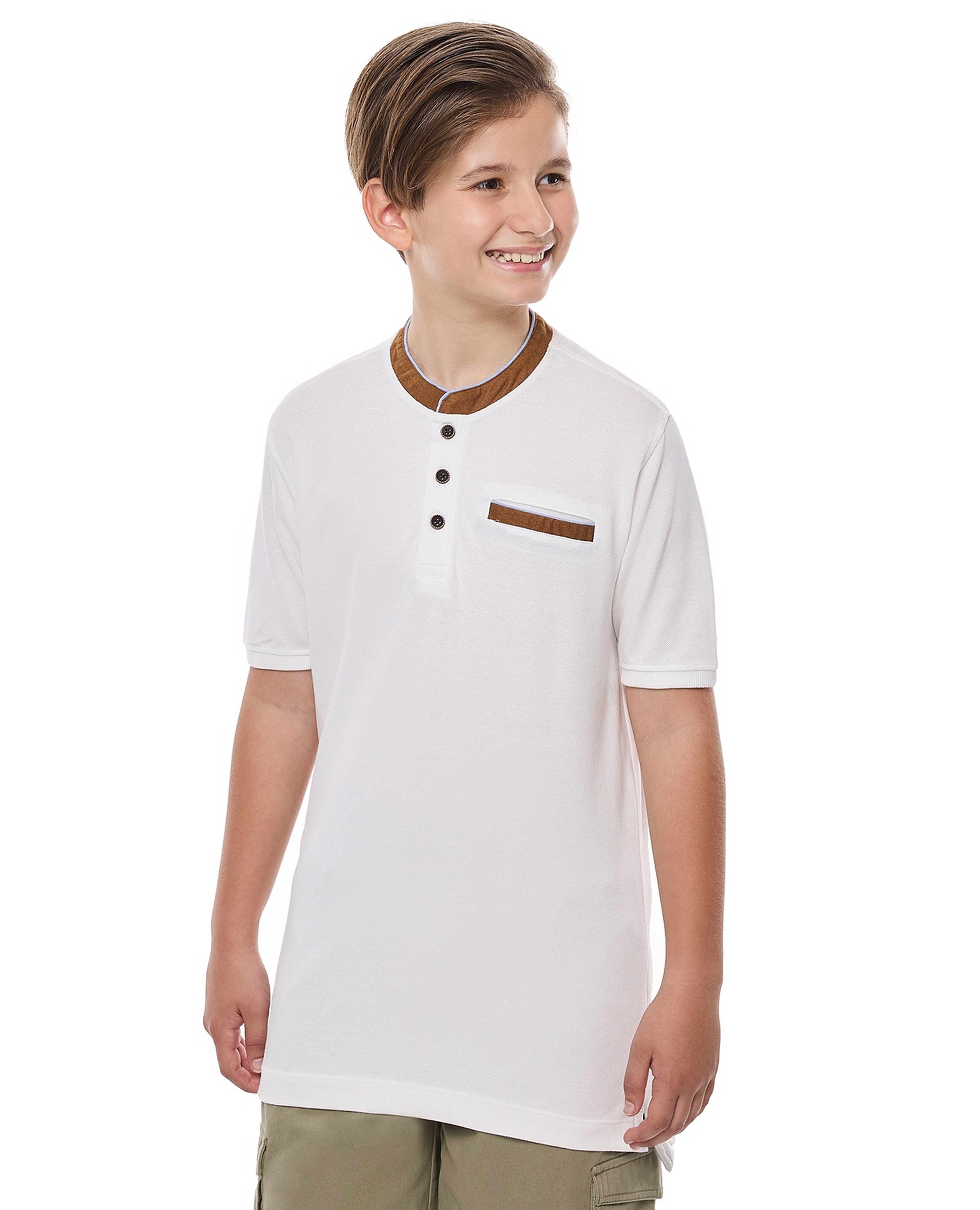 Contrast Trim T-Shirt with Henley Neck and Short Sleeves