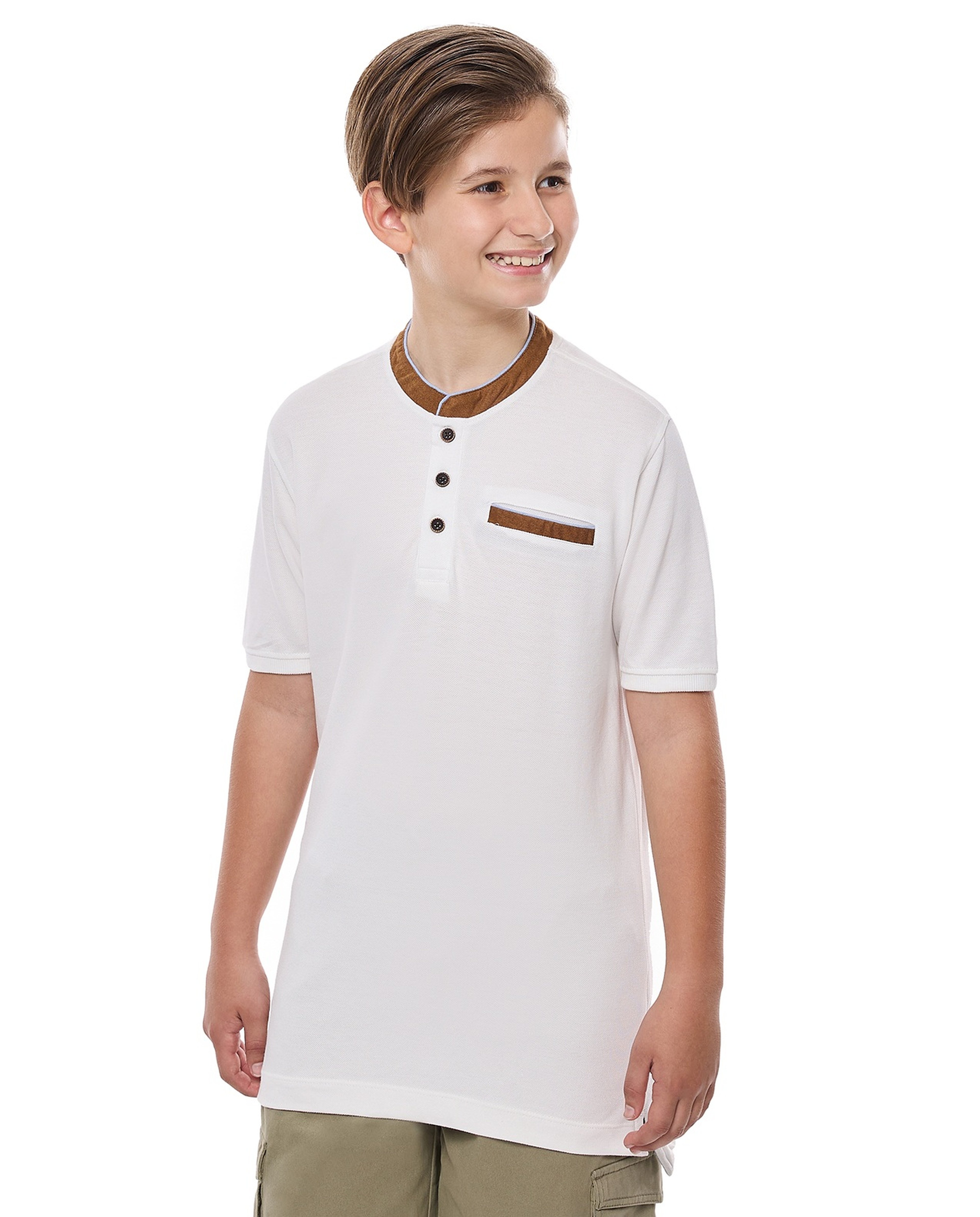Contrast Trim T-Shirt with Henley Neck and Short Sleeves