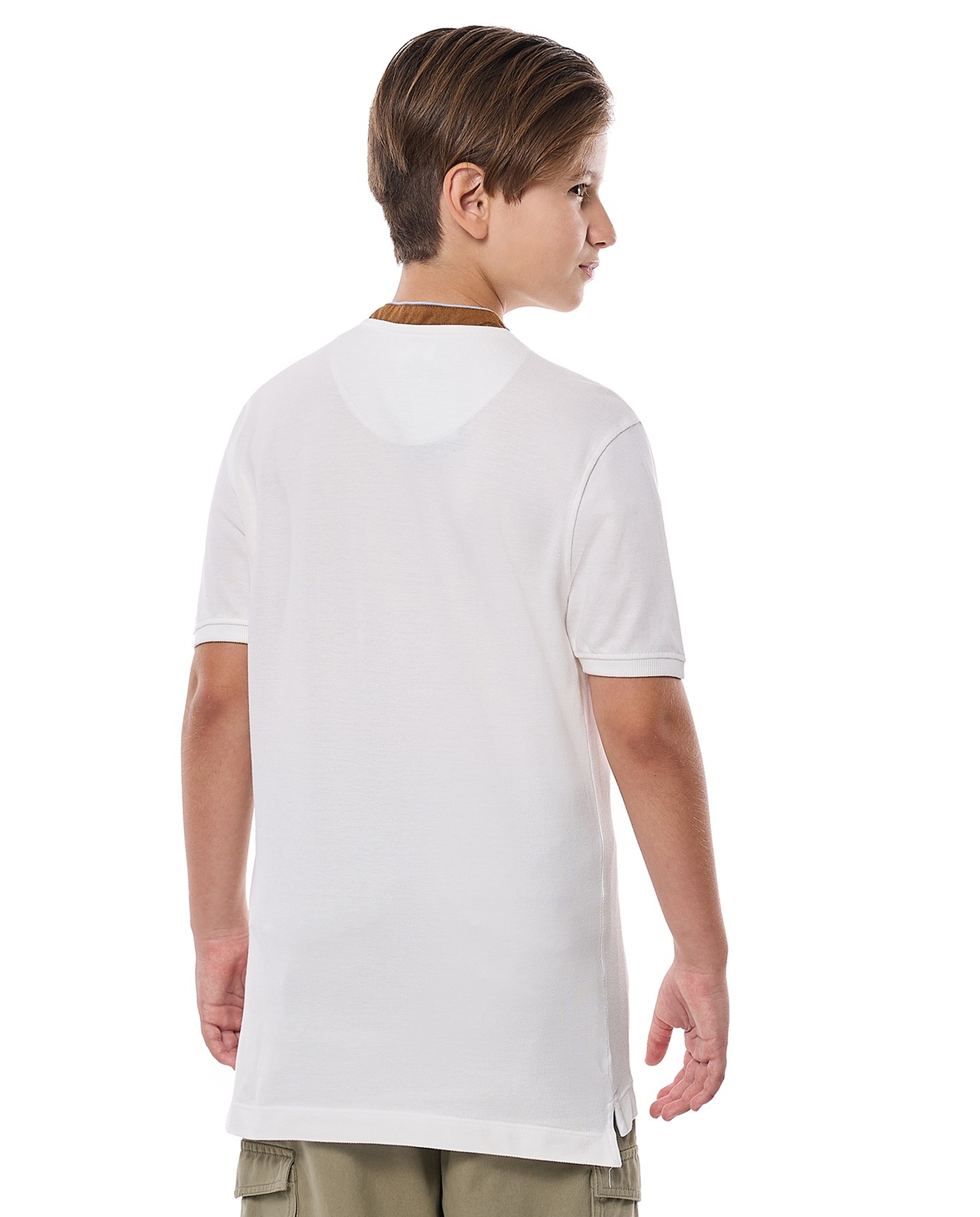 Contrast Trim T-Shirt with Henley Neck and Short Sleeves