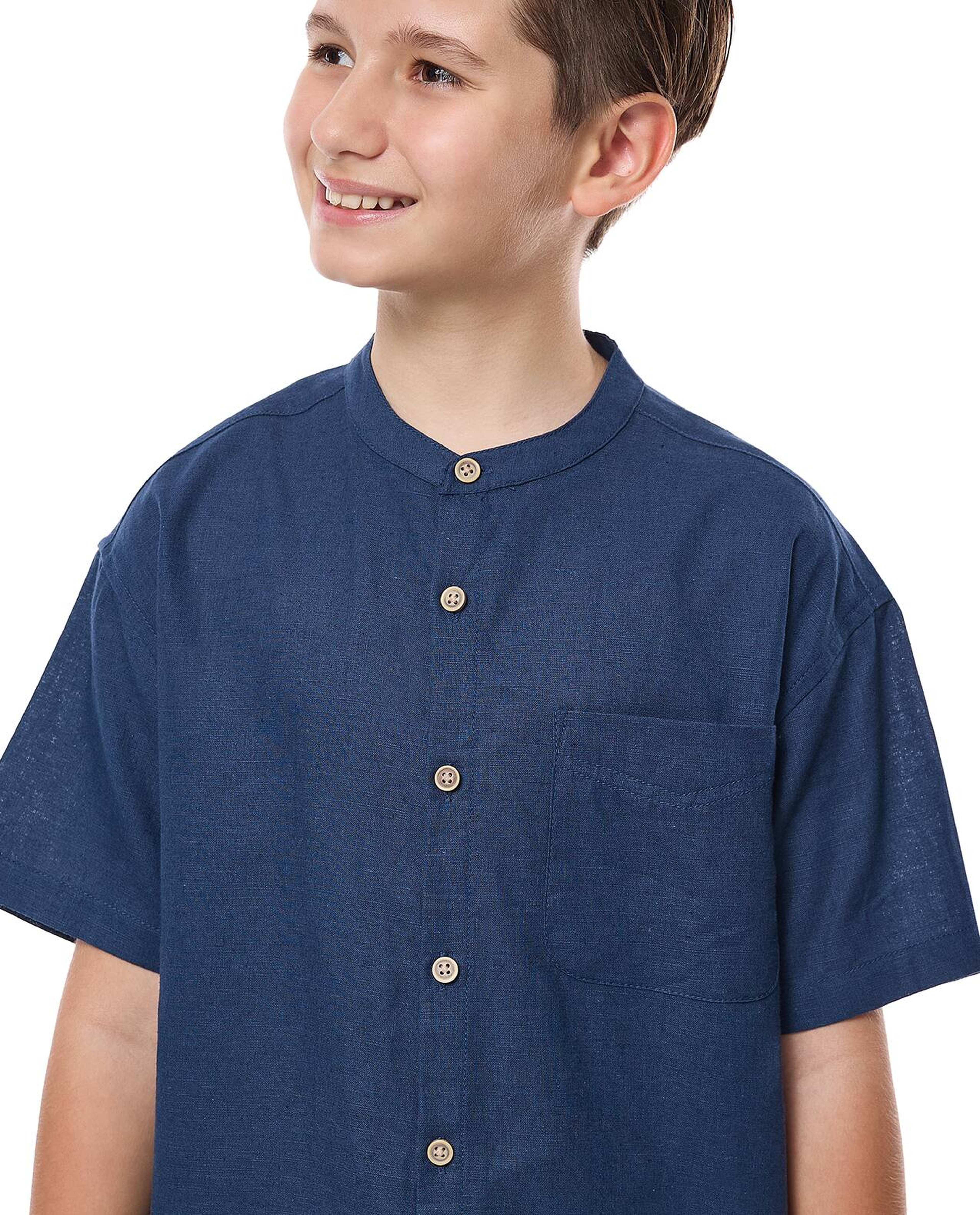 Pocket Detail Shirt with Mandarin Collar and Short Sleeves