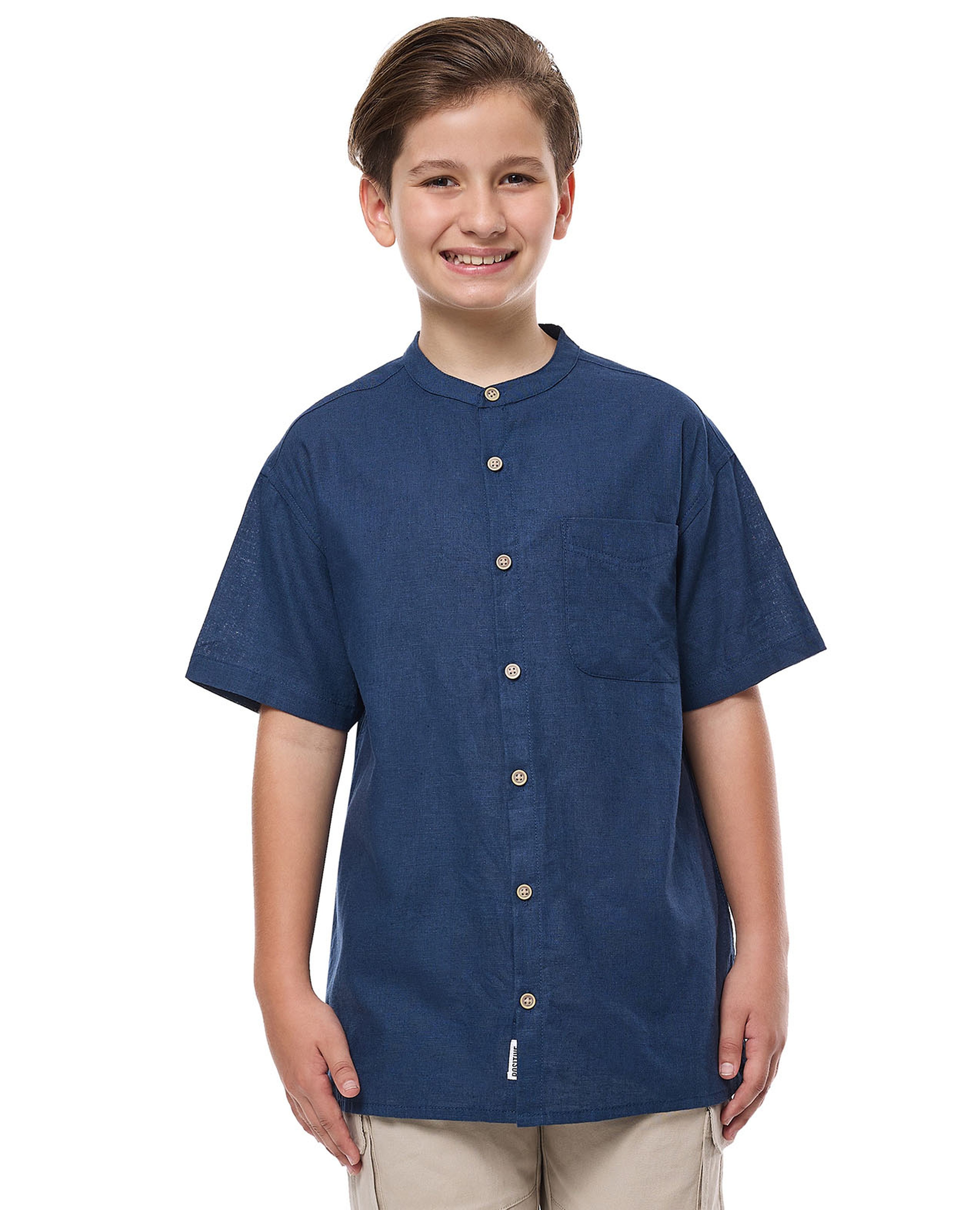 Pocket Detail Shirt with Mandarin Collar and Short Sleeves