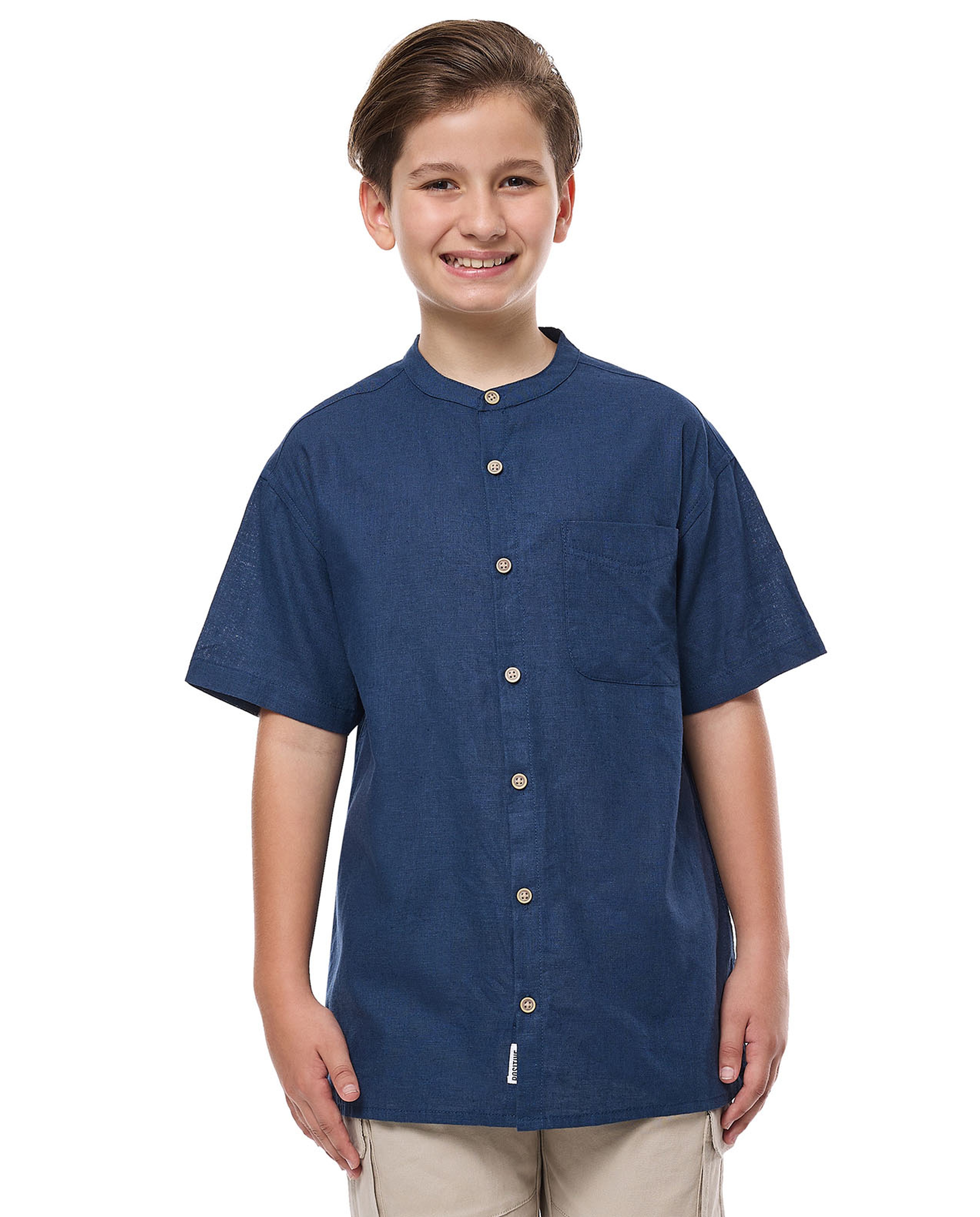 Pocket Detail Shirt with Mandarin Collar and Short Sleeves