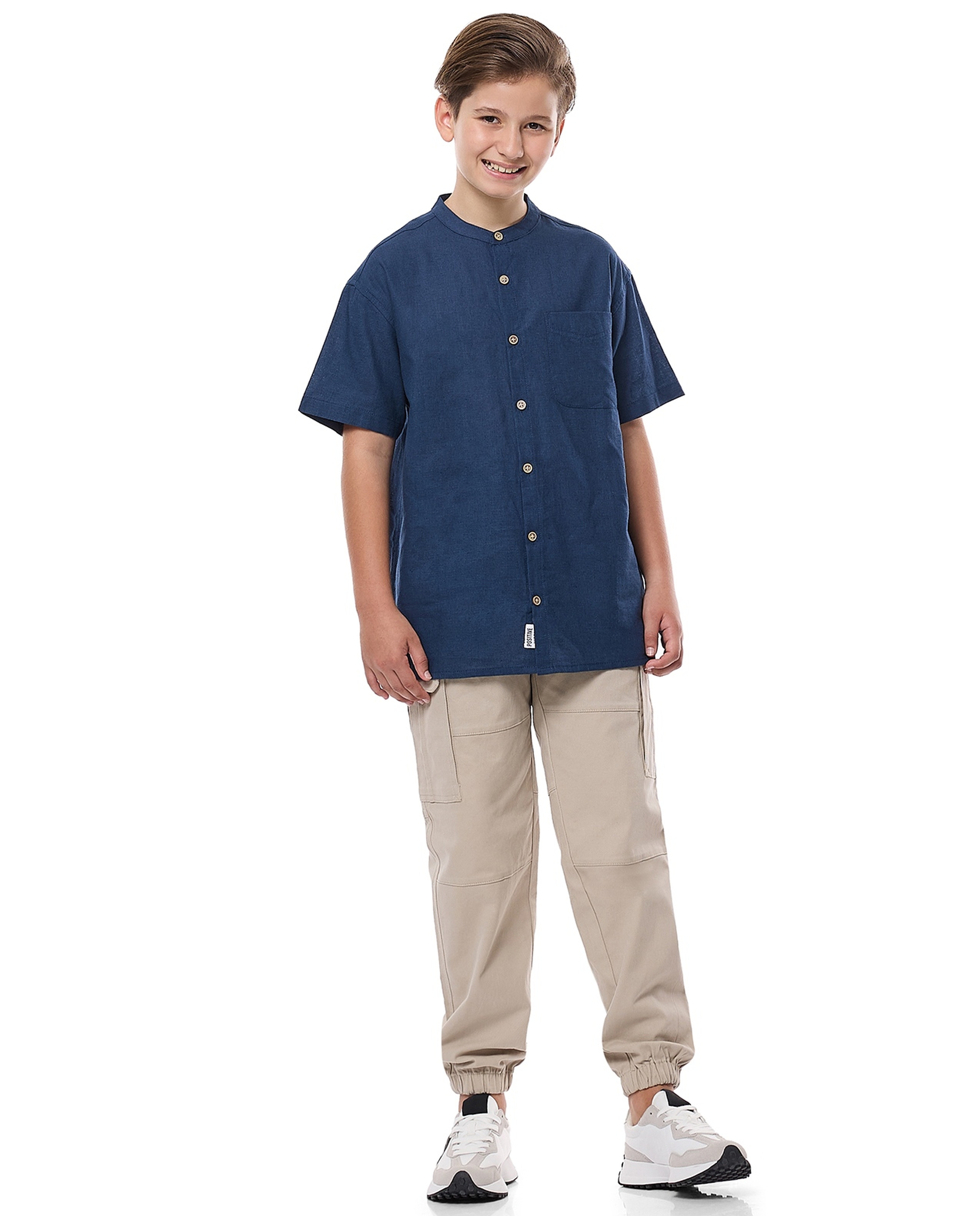 Pocket Detail Shirt with Mandarin Collar and Short Sleeves