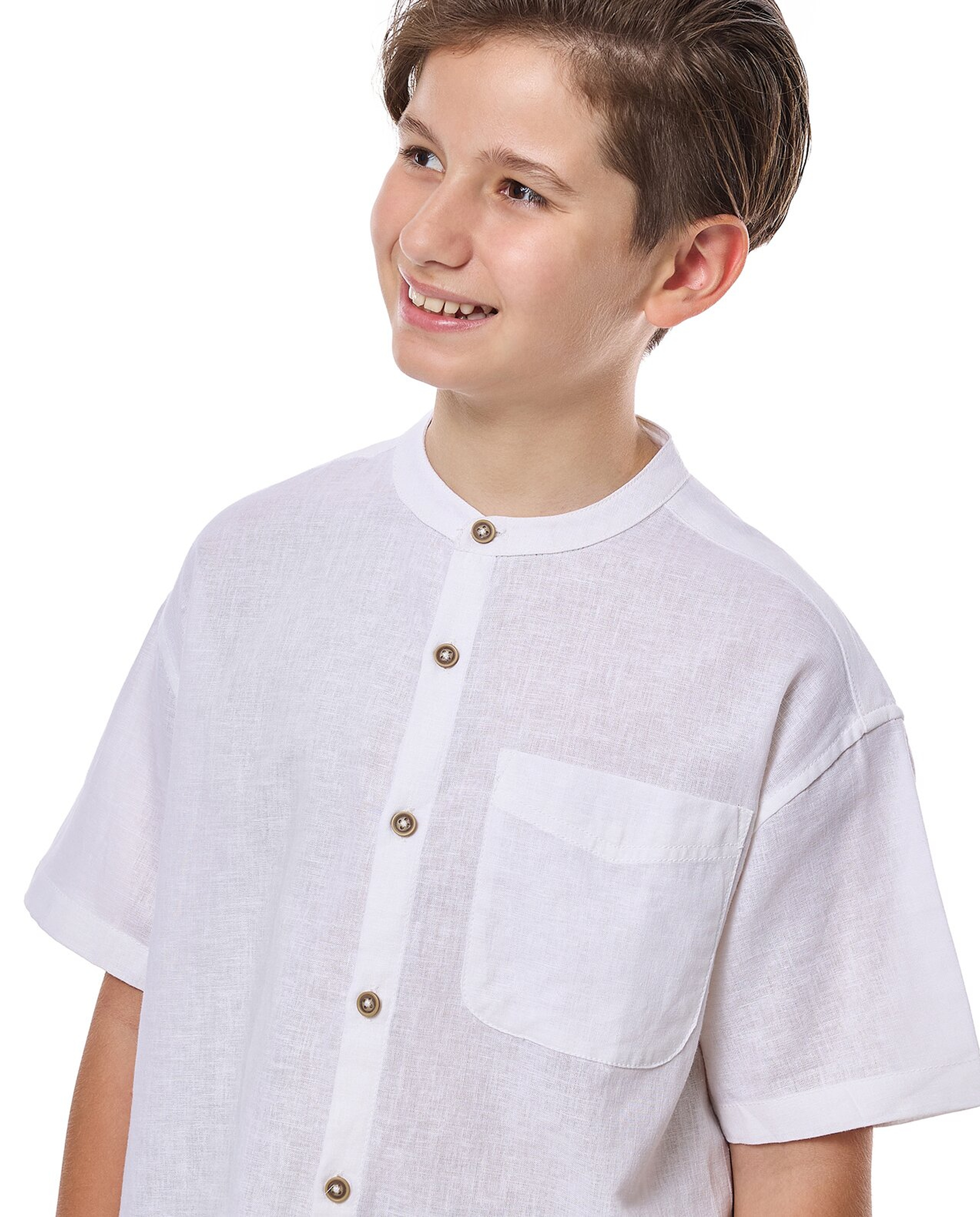 Pocket Detail Shirt with Mandarin Collar and Short Sleeves