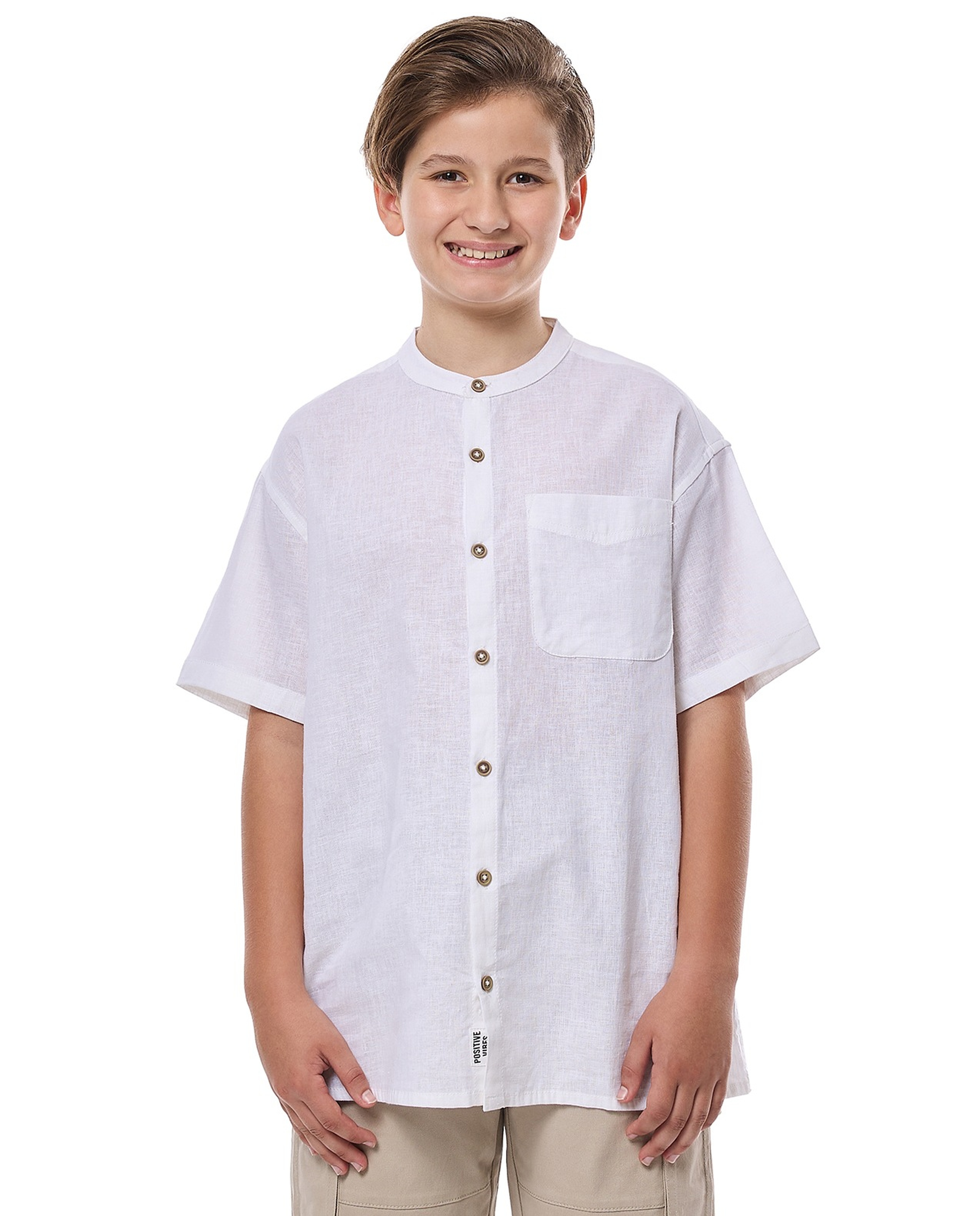 Pocket Detail Shirt with Mandarin Collar and Short Sleeves