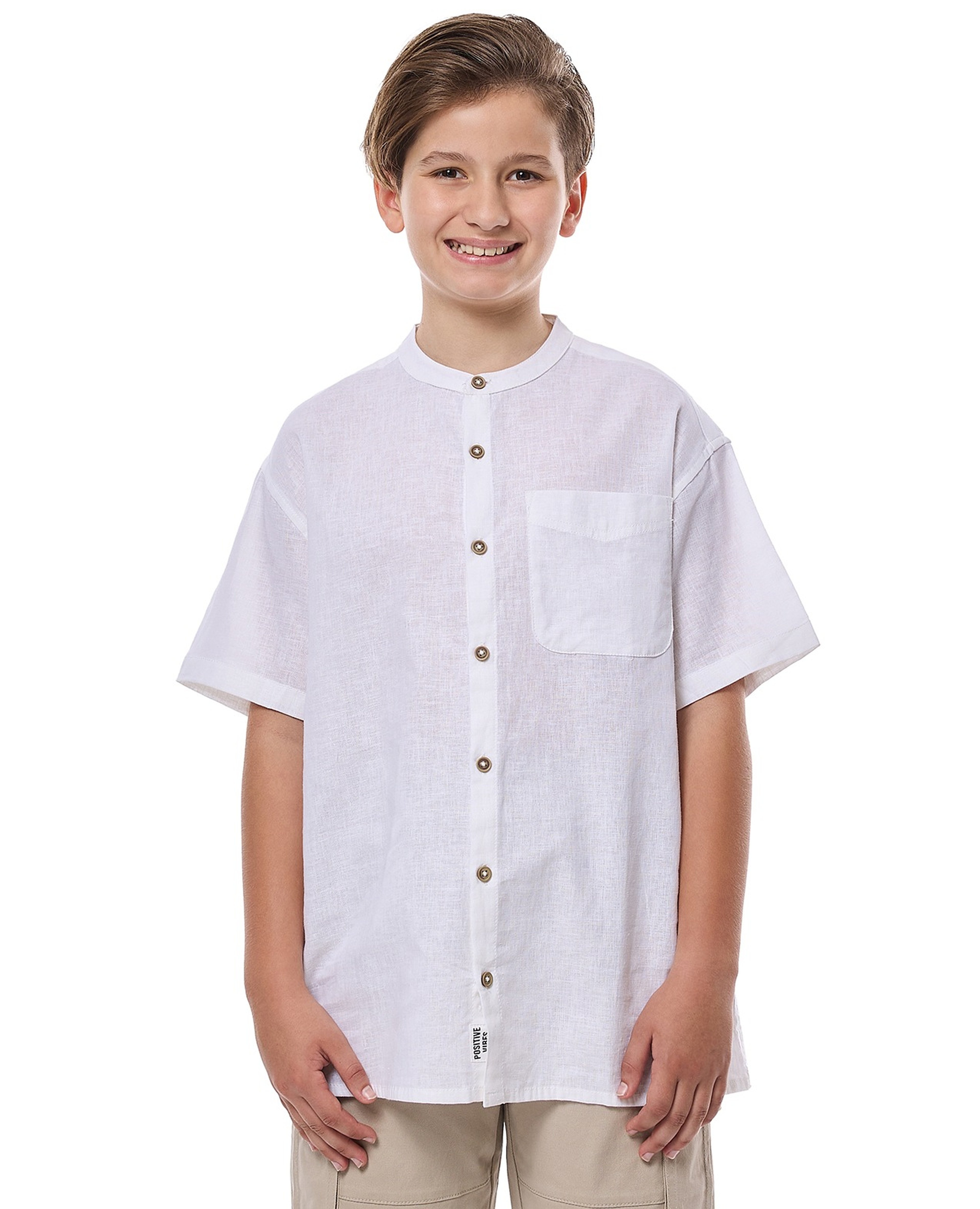 Pocket Detail Shirt with Mandarin Collar and Short Sleeves