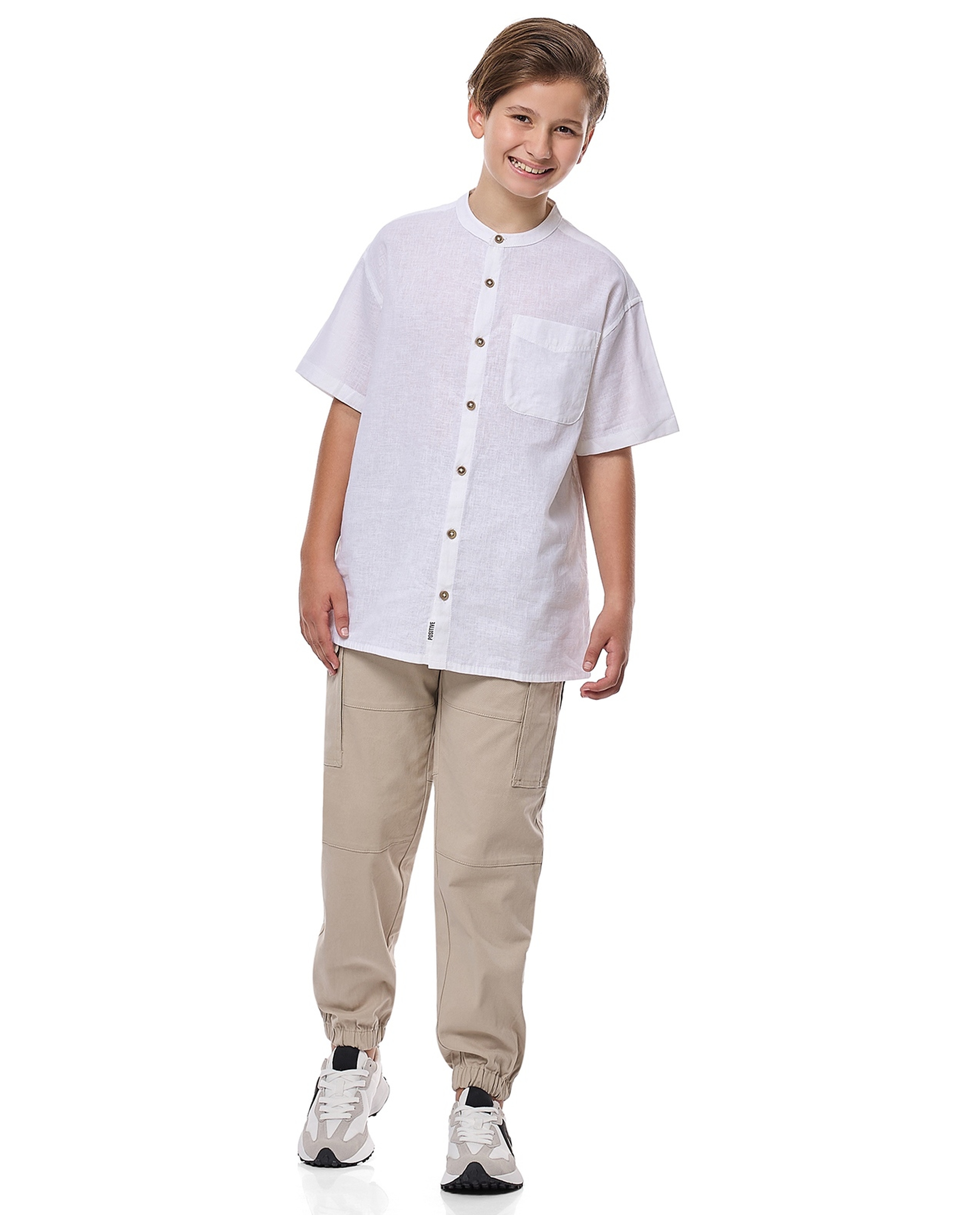 Pocket Detail Shirt with Mandarin Collar and Short Sleeves