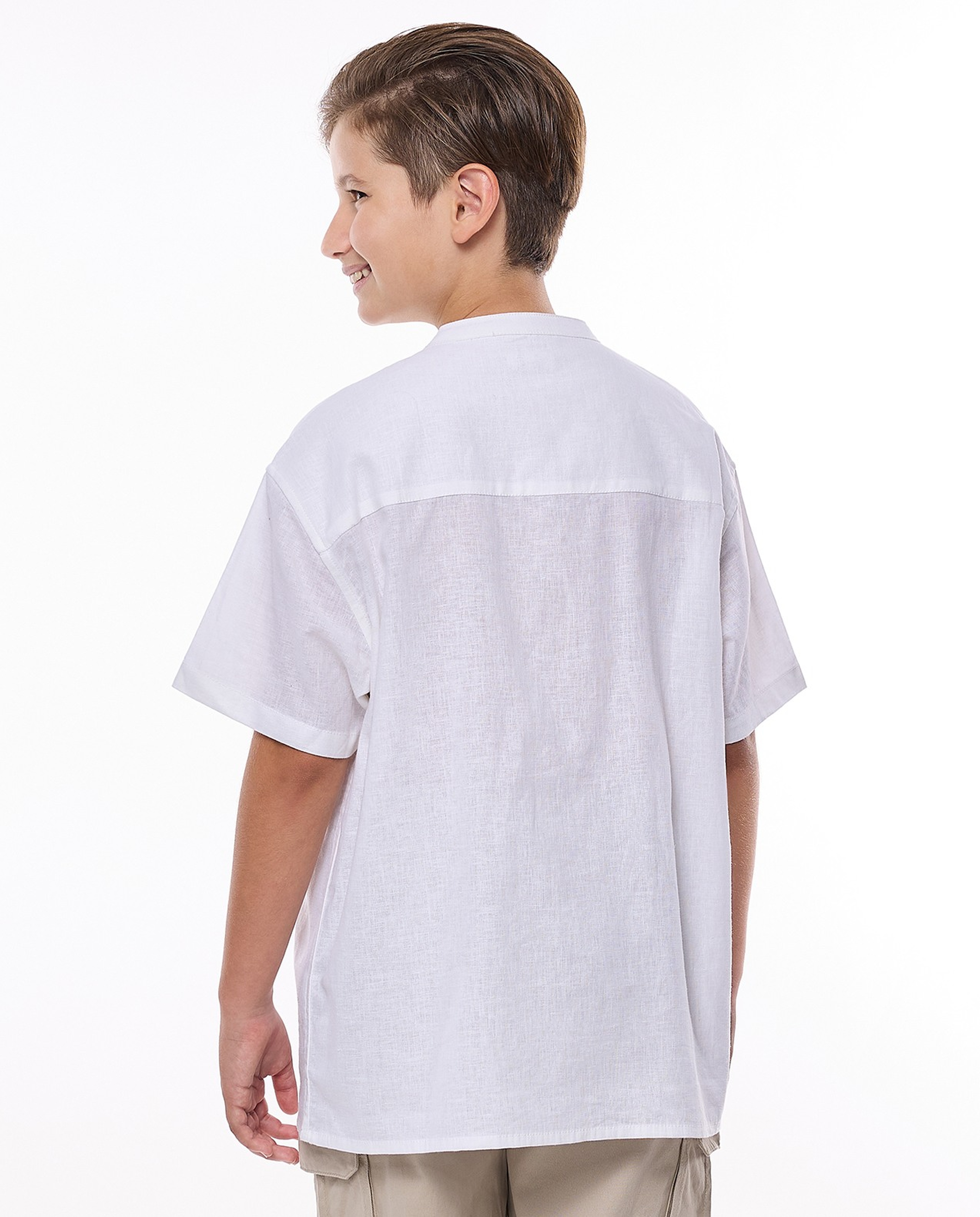 Pocket Detail Shirt with Mandarin Collar and Short Sleeves