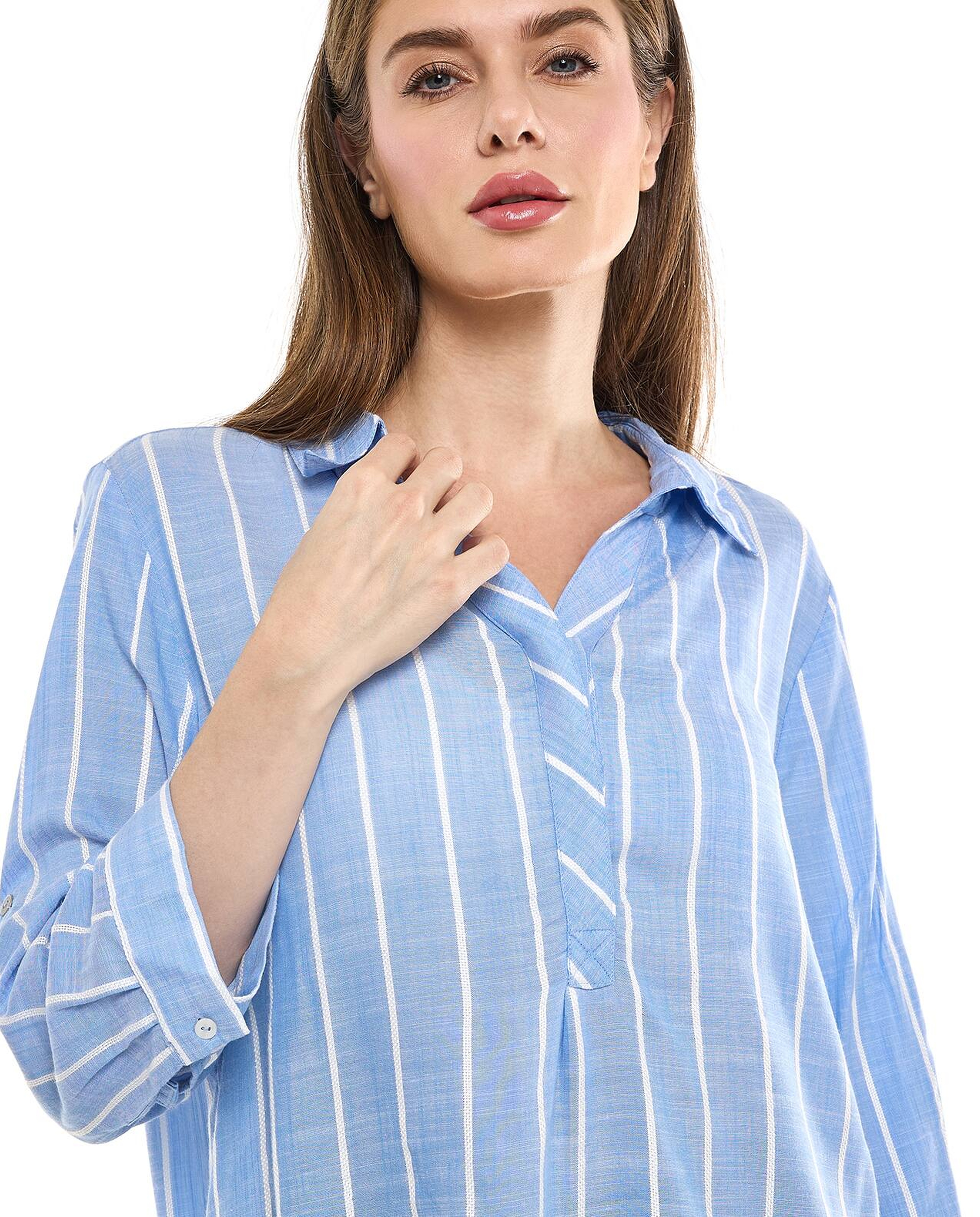 Striped Tunic with Classic Collar and 3/4 Sleeves