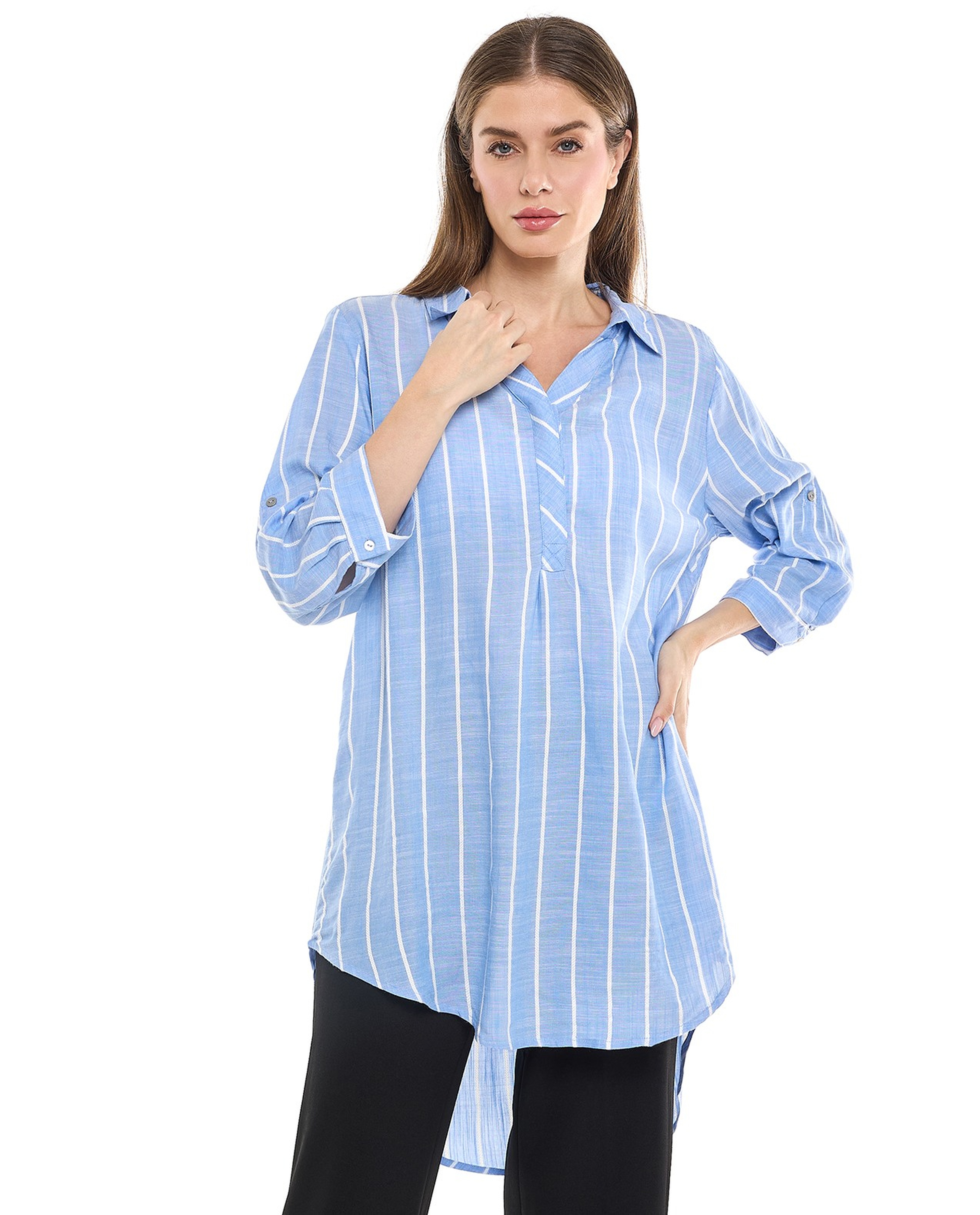 Striped Tunic with Classic Collar and 3/4 Sleeves