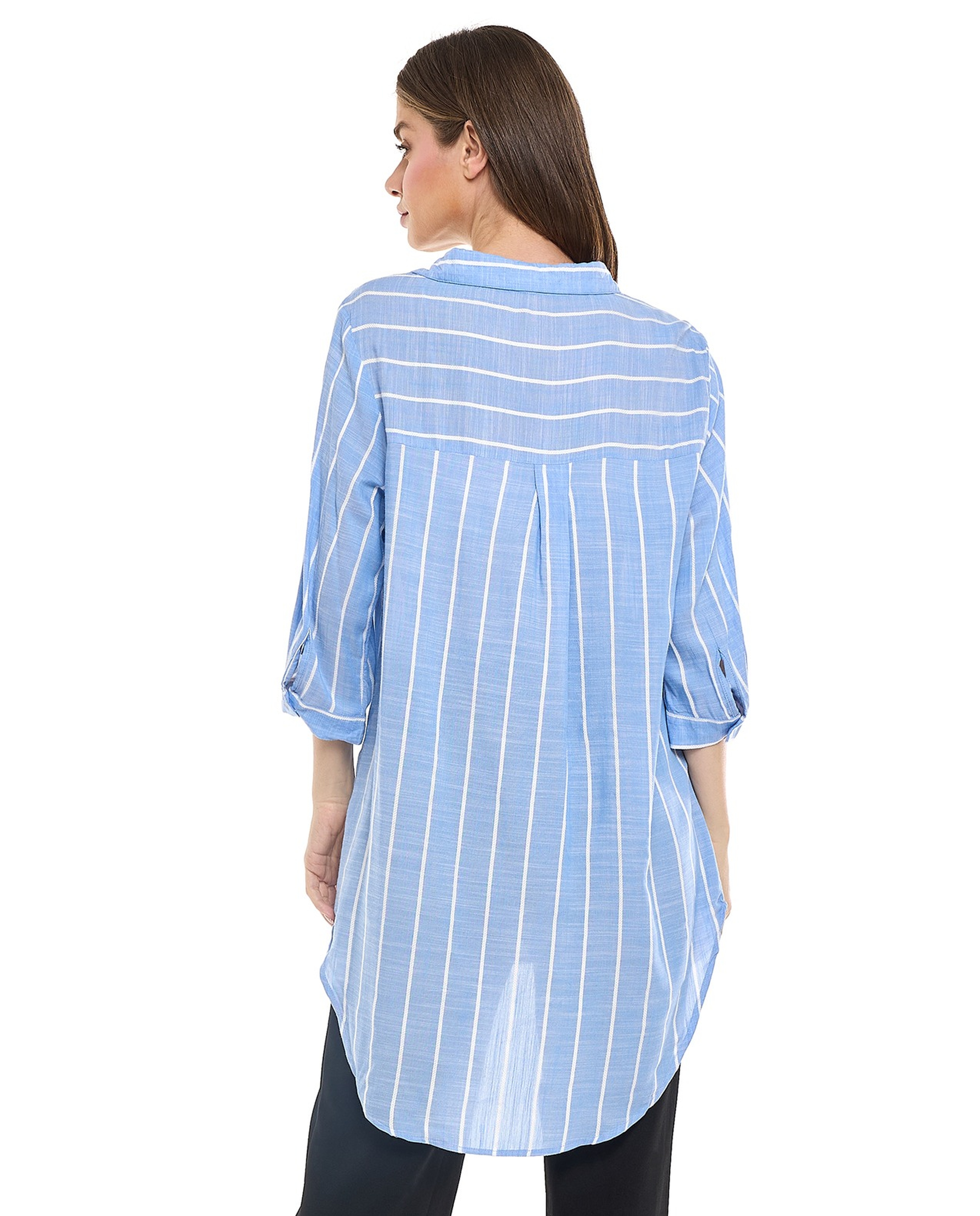 Striped Tunic with Classic Collar and 3/4 Sleeves