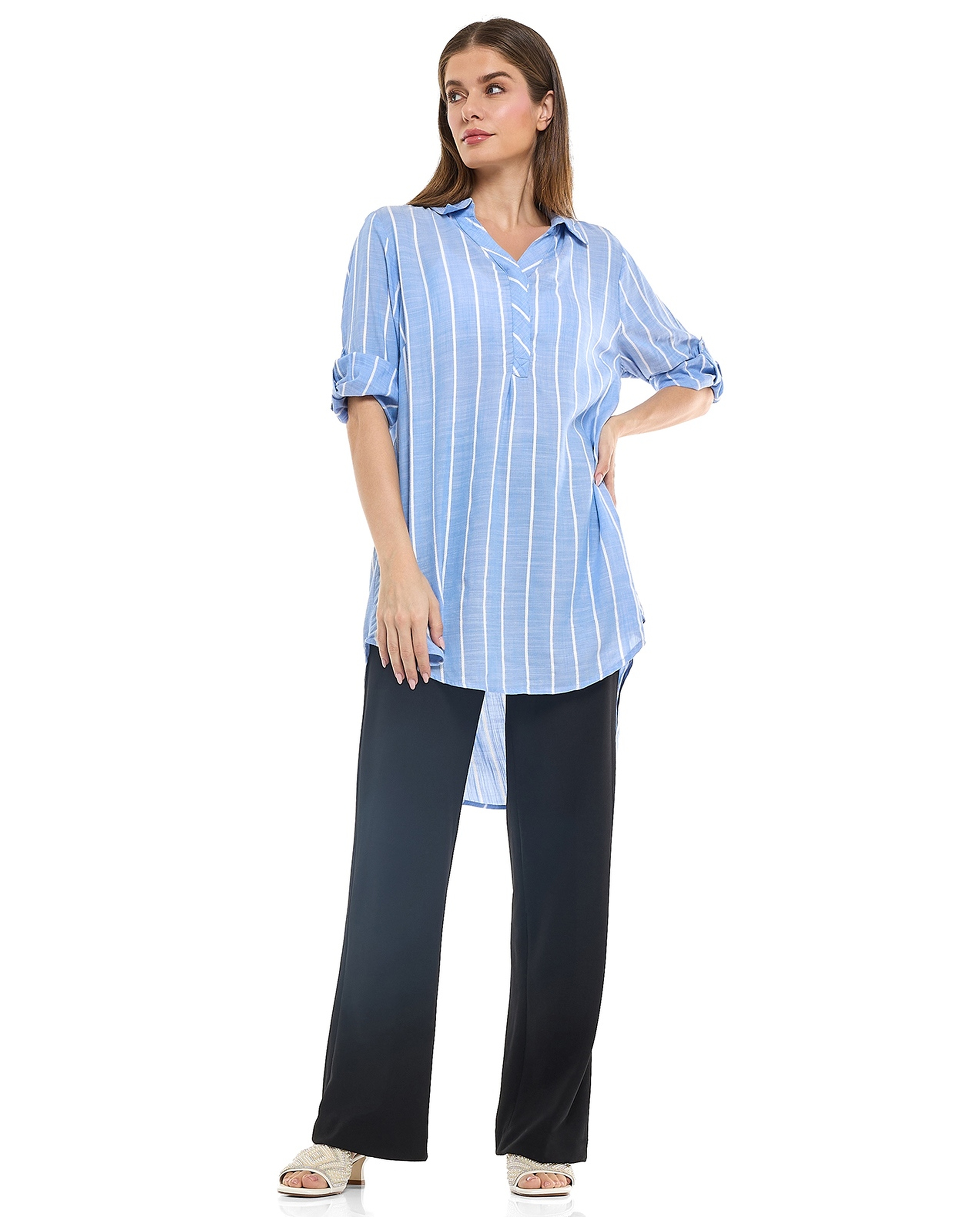 Striped Tunic with Classic Collar and 3/4 Sleeves