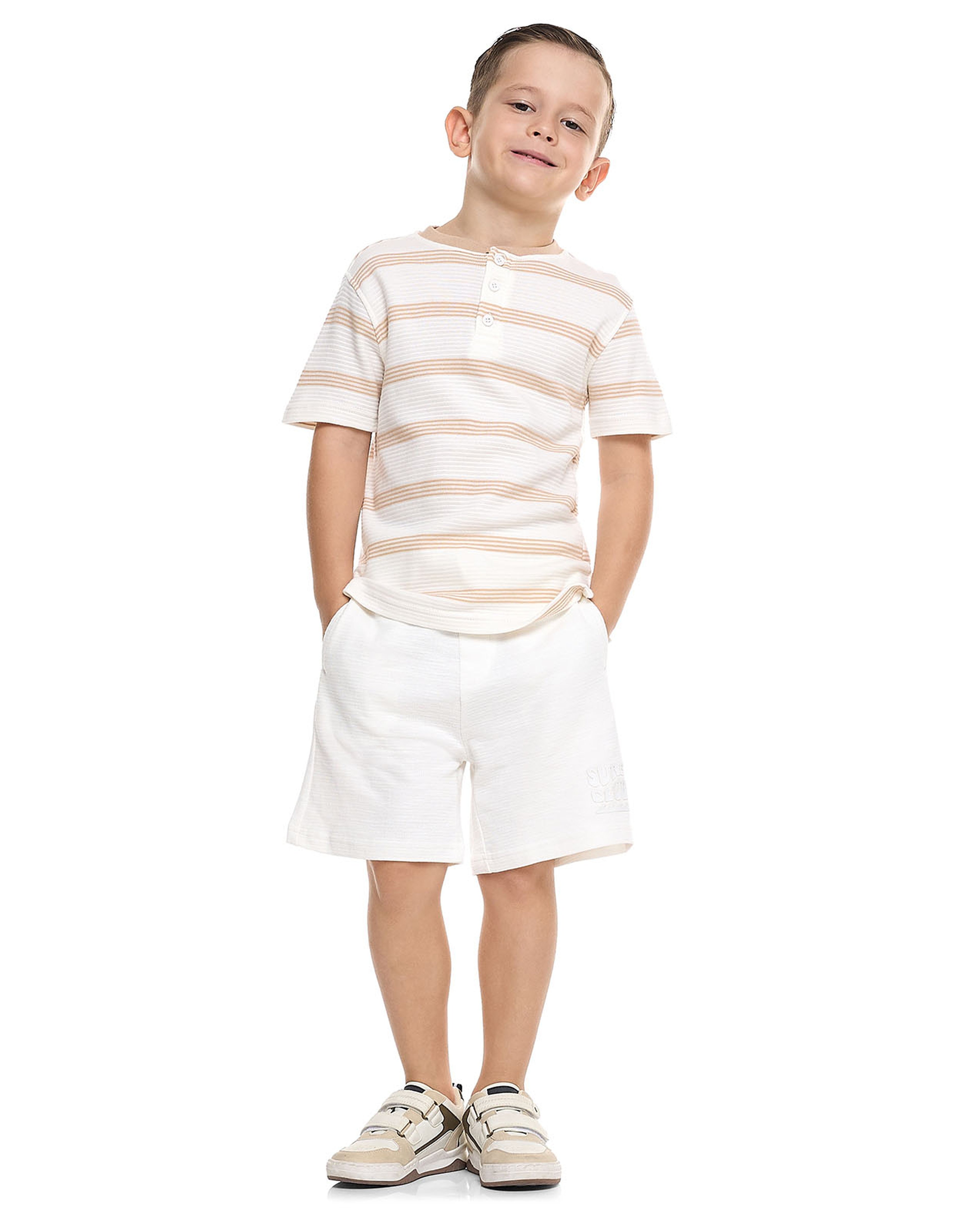 Striped T-Shirt with Henley Neck and Short Sleeves