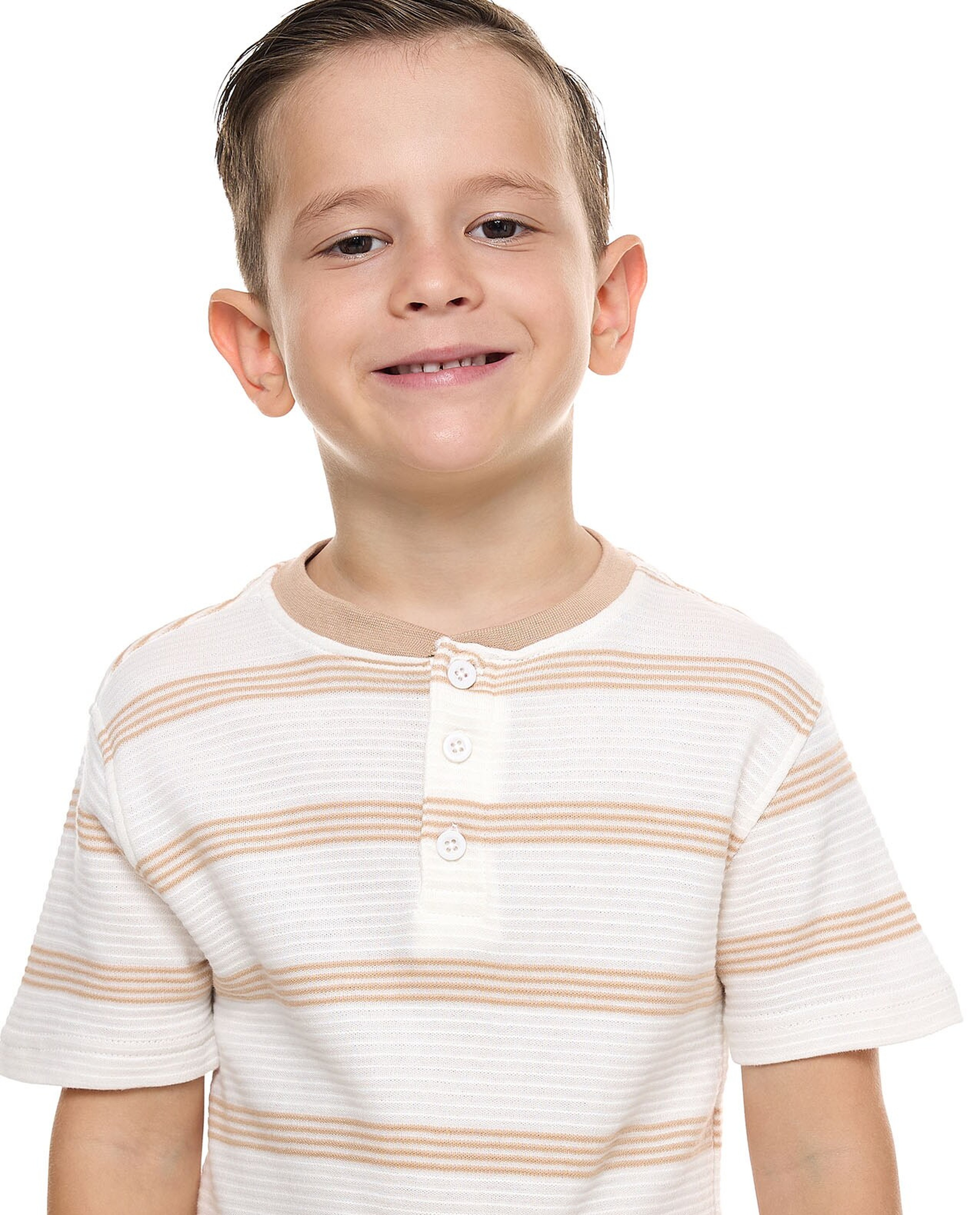 Striped T-Shirt with Henley Neck and Short Sleeves