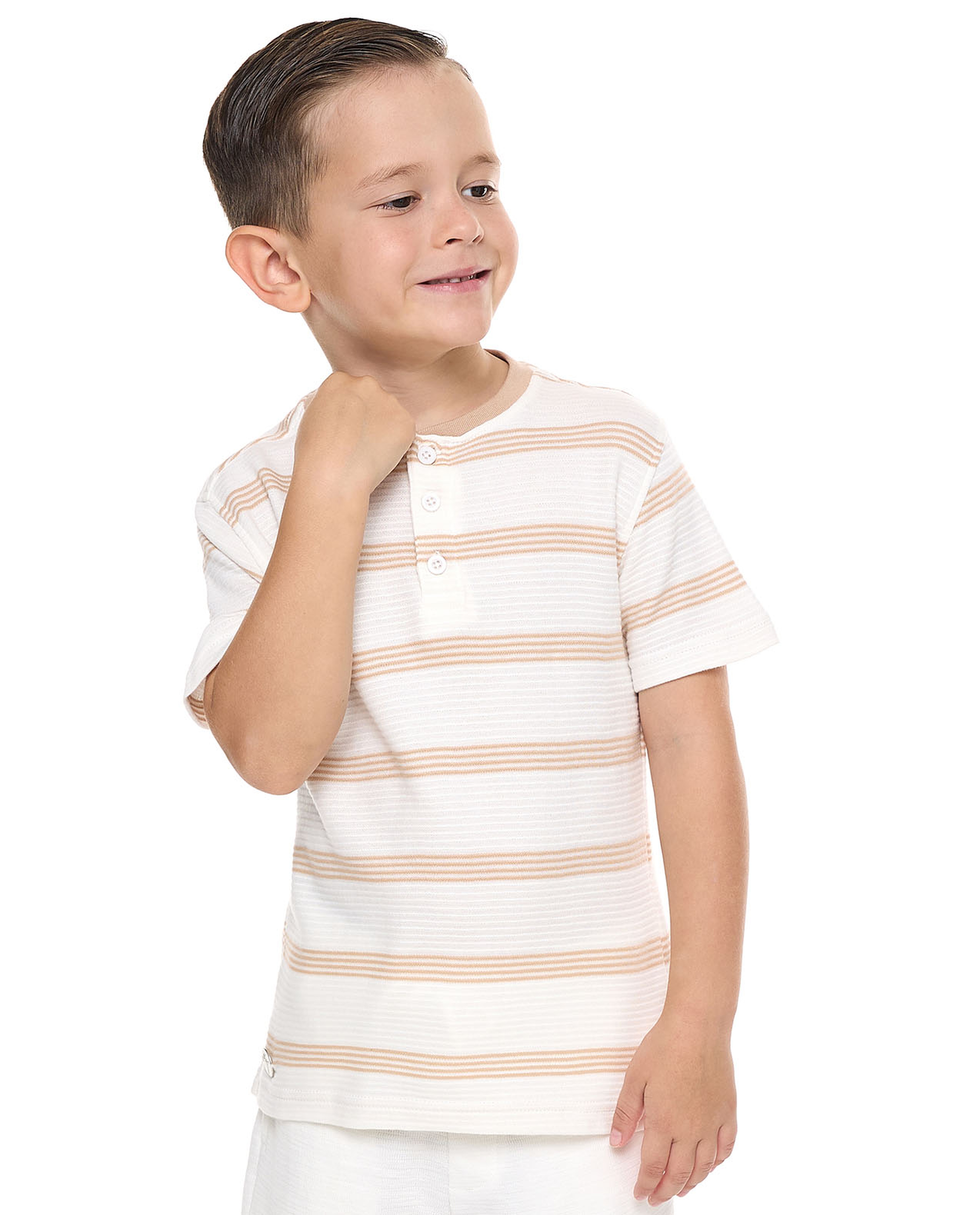 Striped T-Shirt with Henley Neck and Short Sleeves