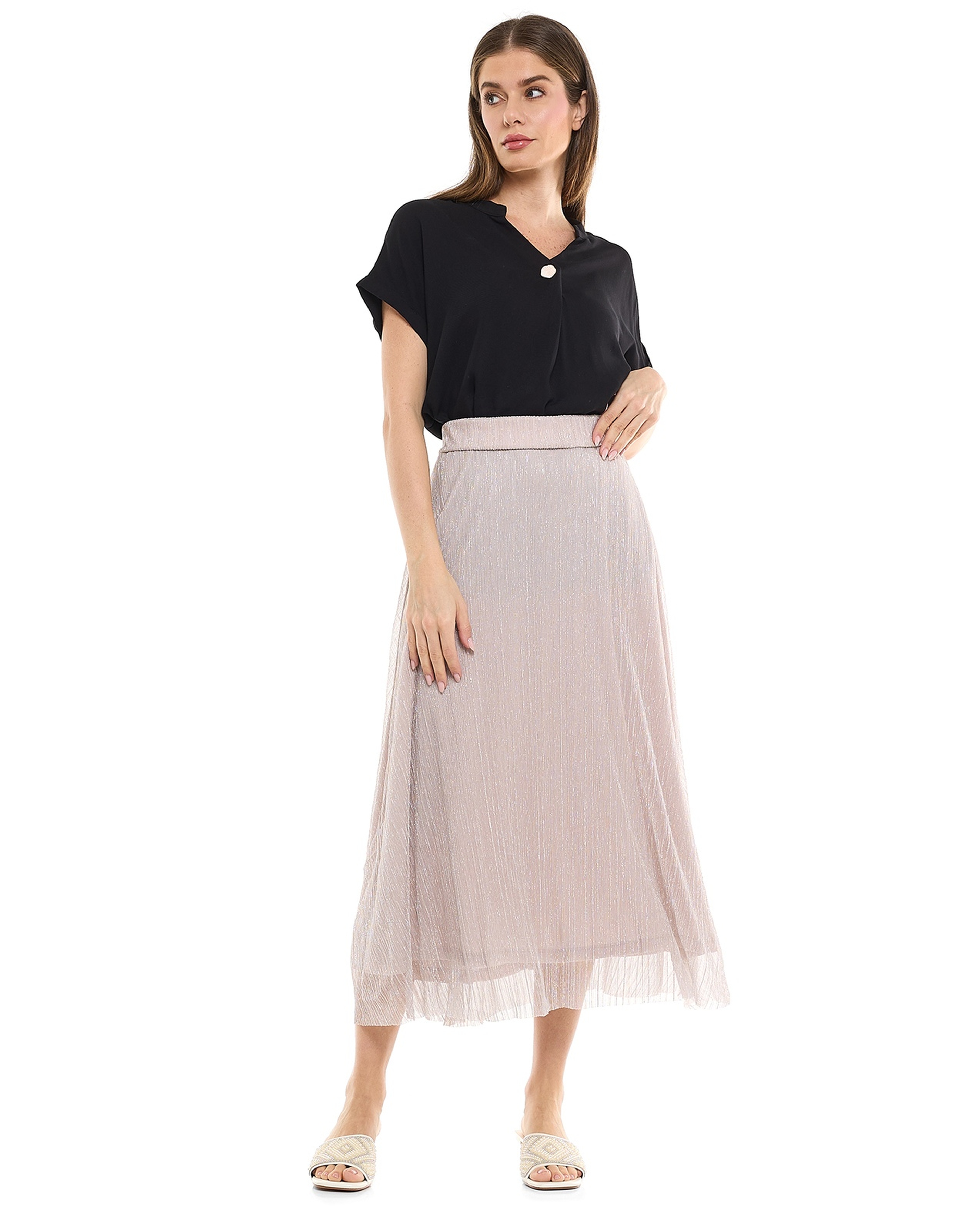 Glittered Midi Skirt with Elastic Waist