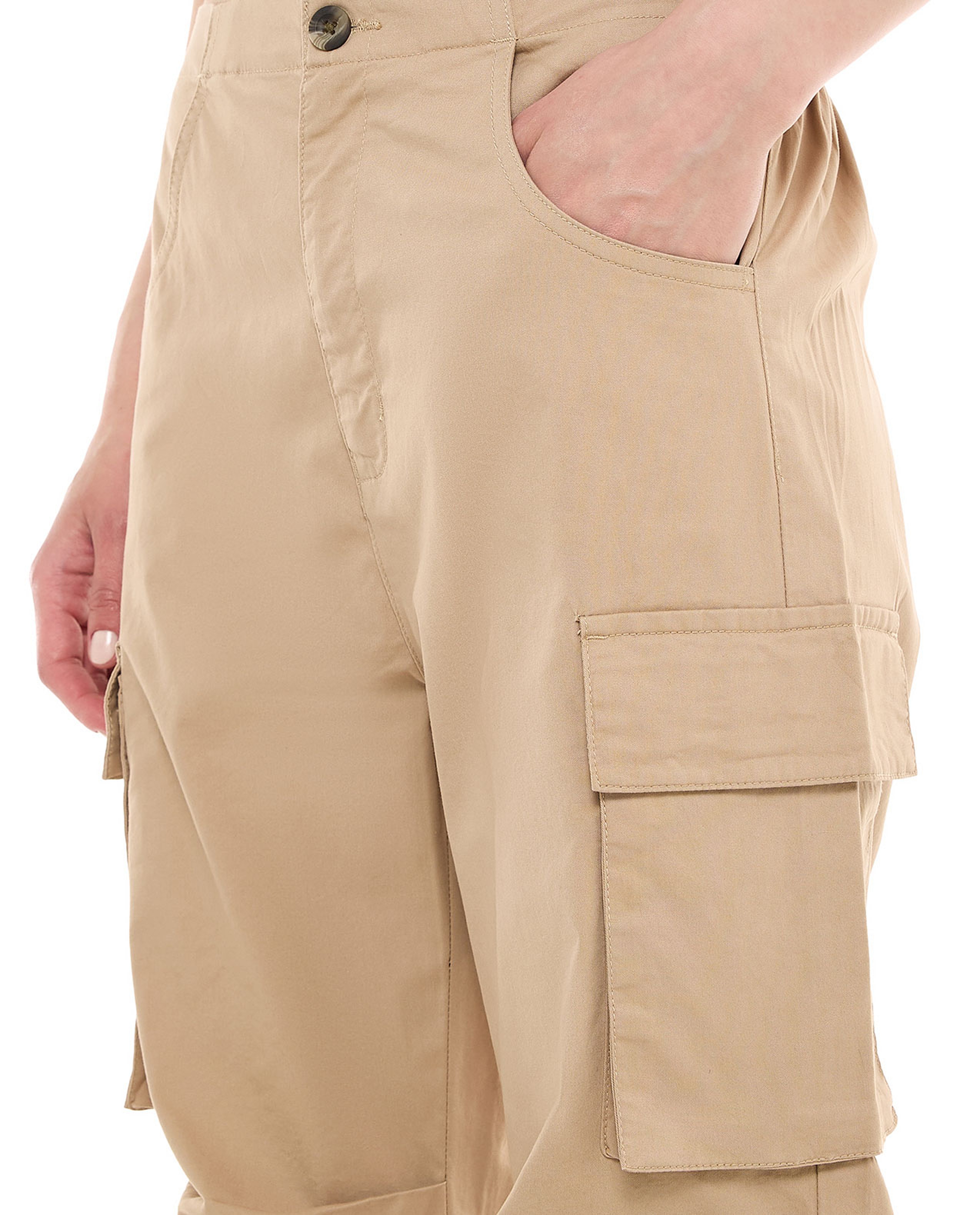 Solid Cargo Parachute Pants with Button Closure