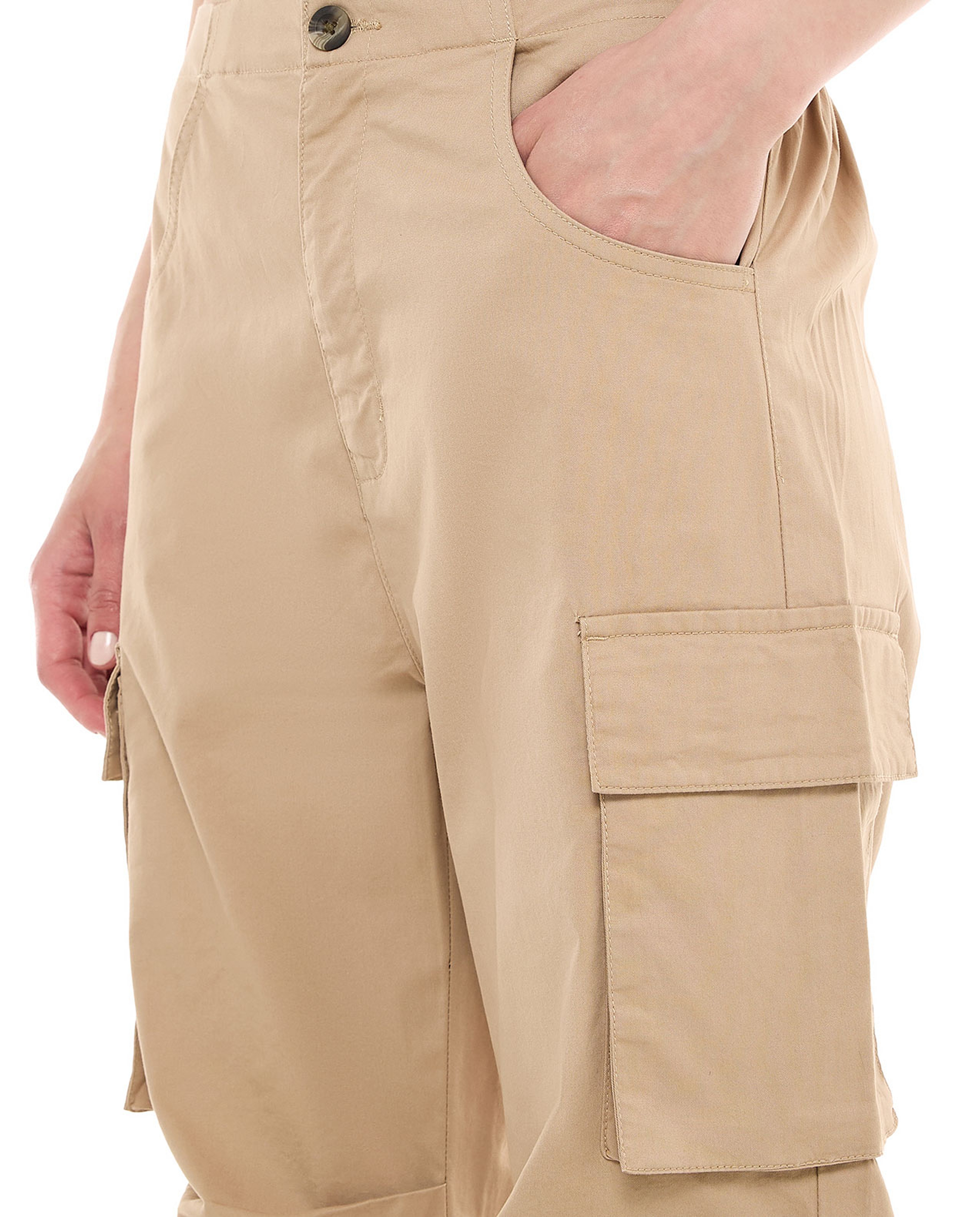 Solid Cargo Parachute Pants with Button Closure