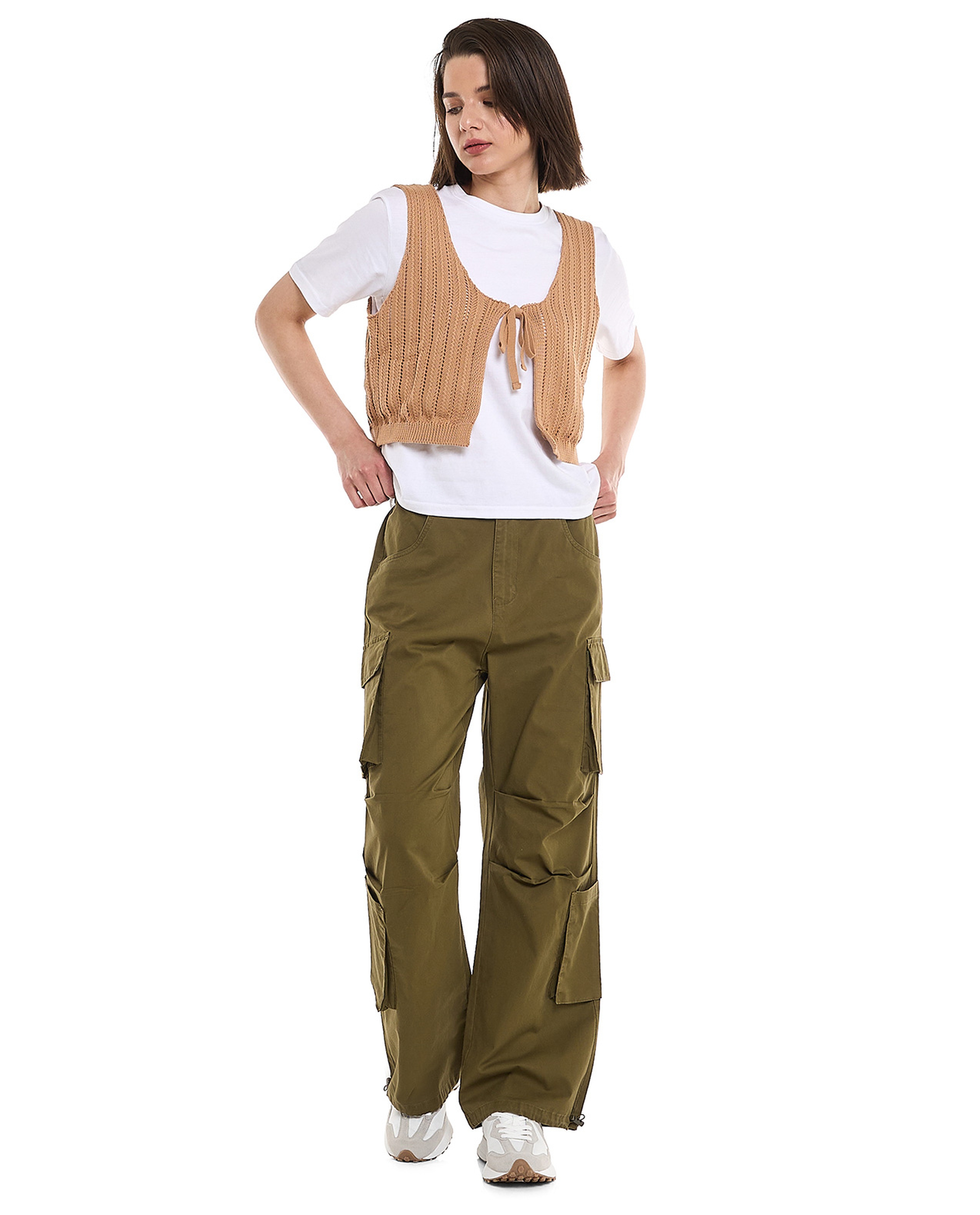 Solid Cargo Parachute Pants with Button Closure