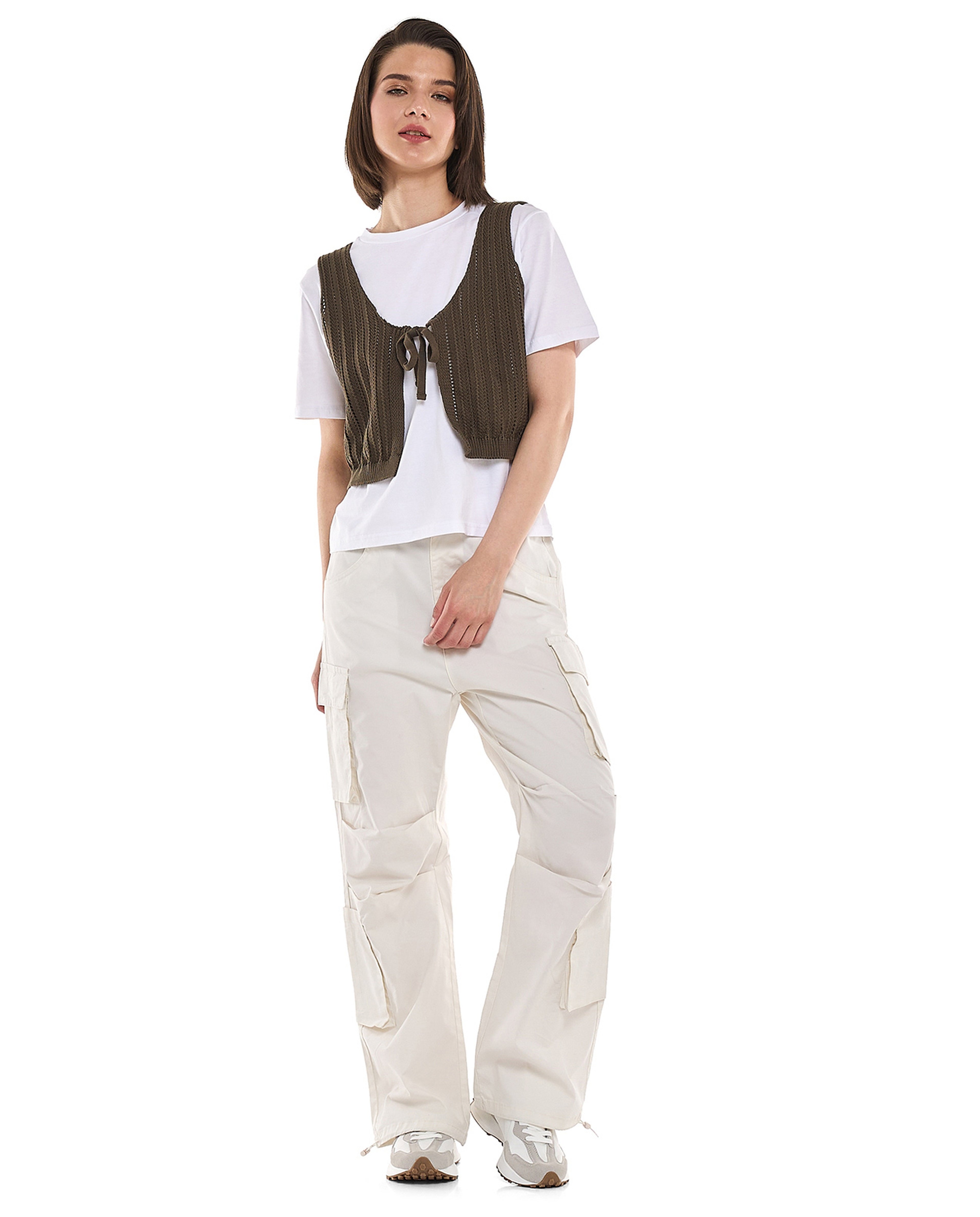 Solid Cargo Parachute Pants with Button Closure