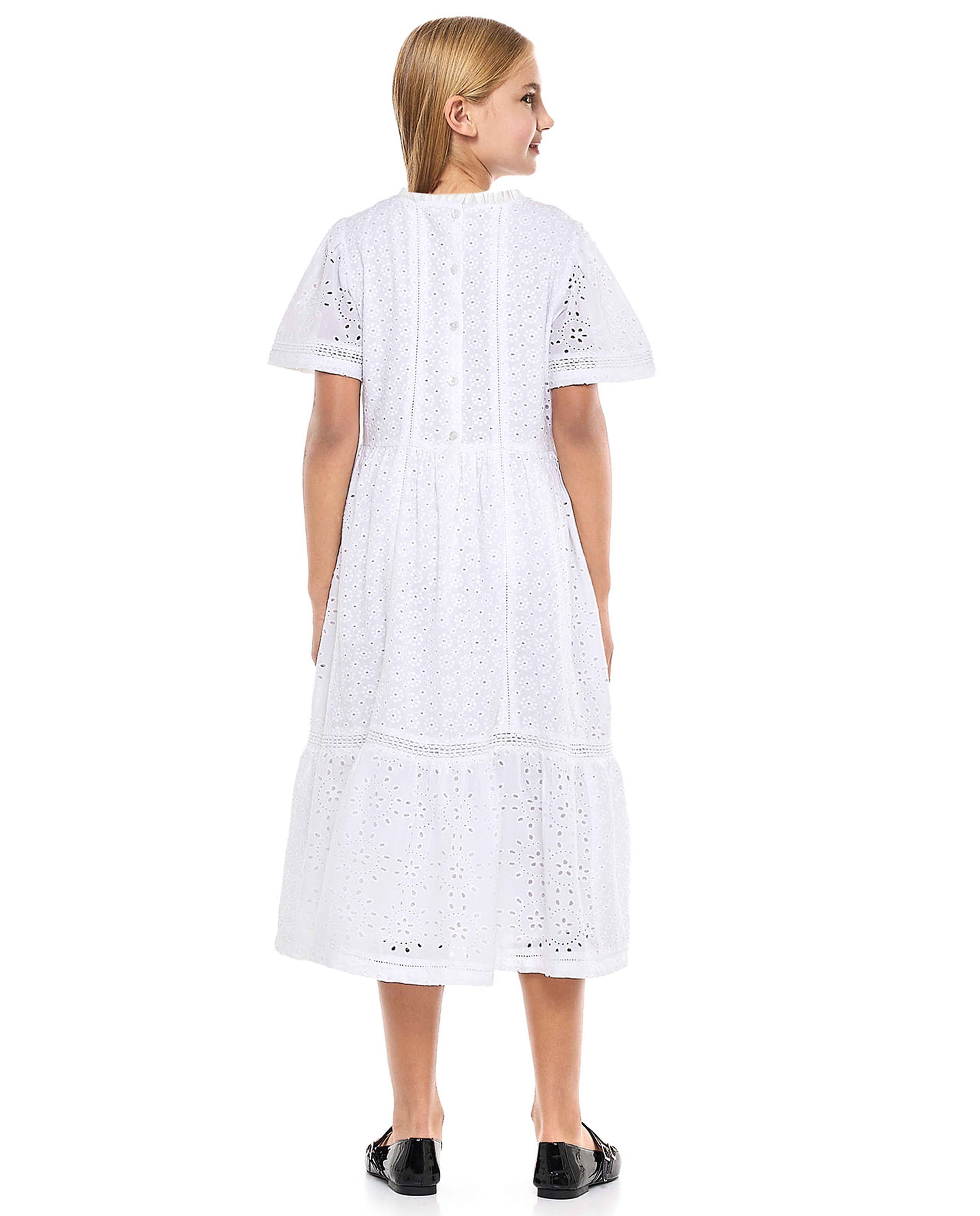 Schiffli Tiered Dress with Crew Neck and Short Sleeves