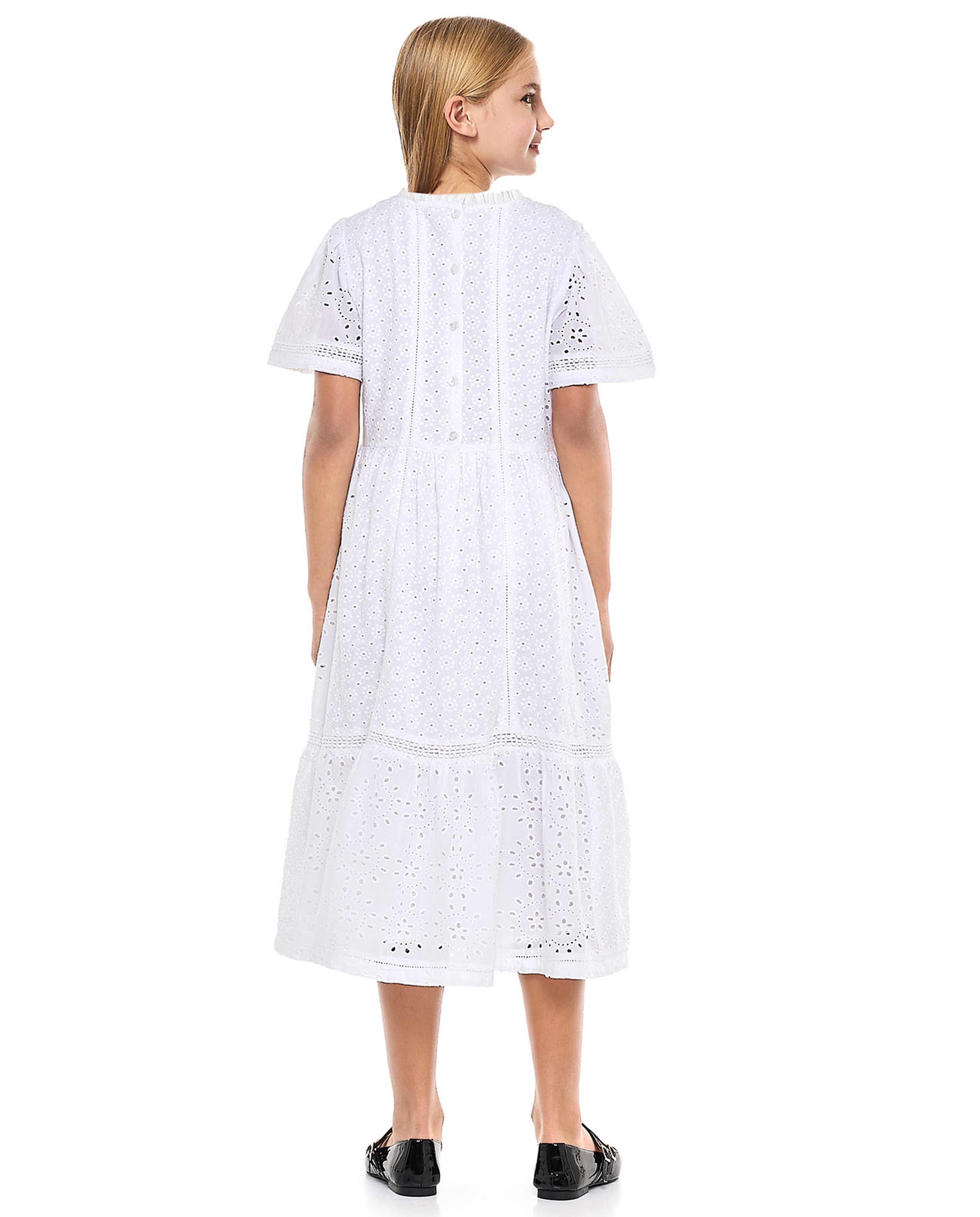 Schiffli Tiered Dress with Crew Neck and Short Sleeves