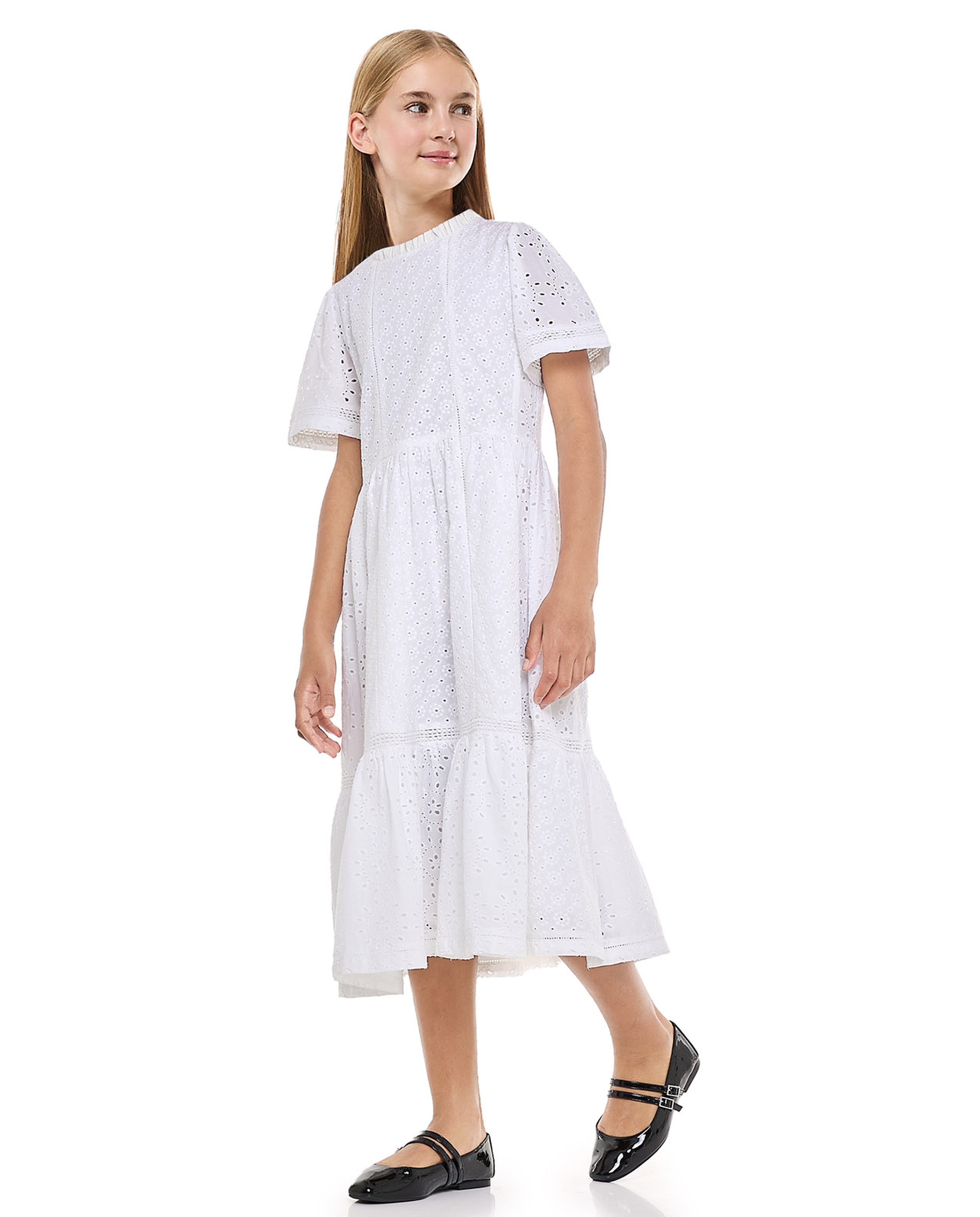 Schiffli Tiered Dress with Crew Neck and Short Sleeves
