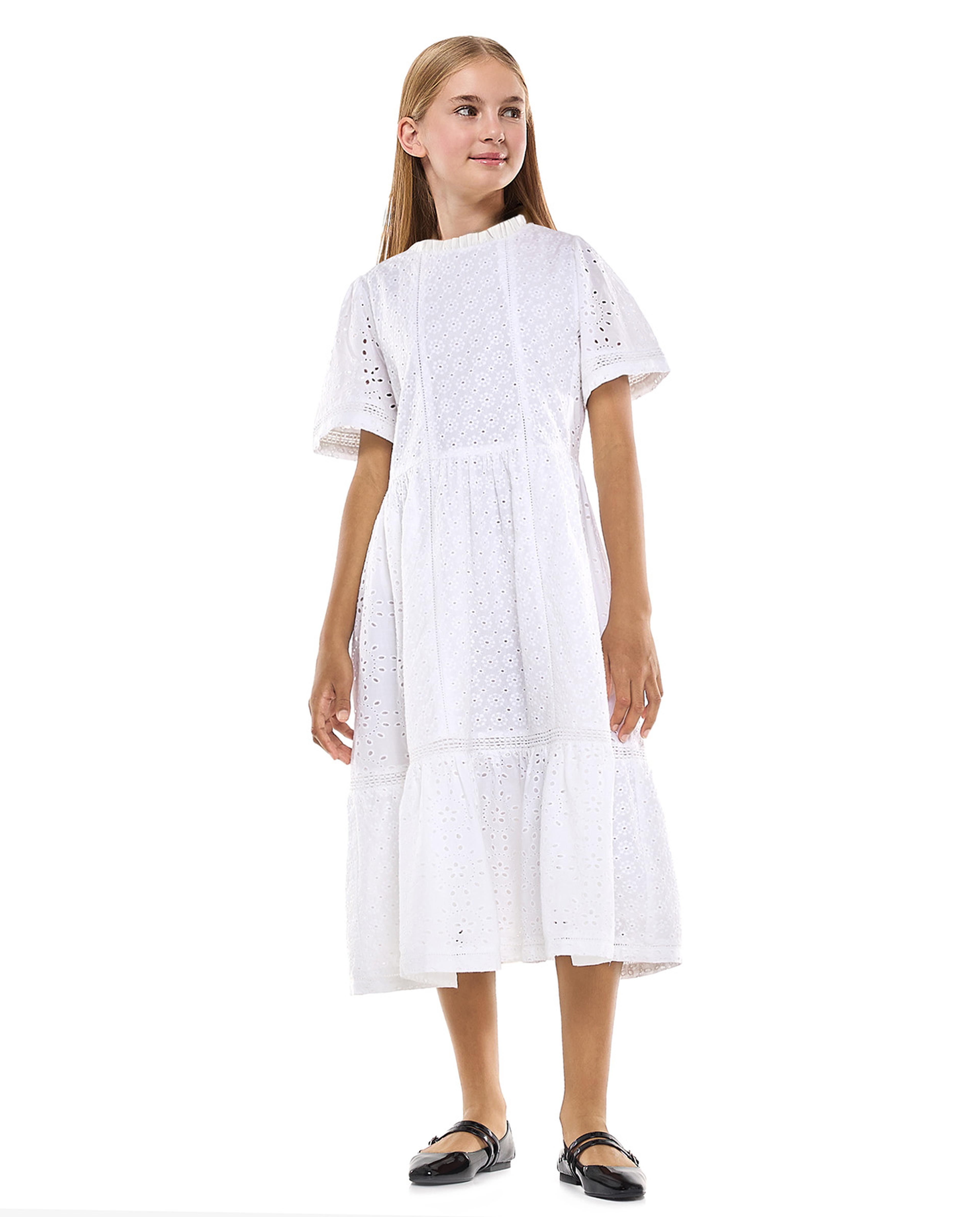 Schiffli Tiered Dress with Crew Neck and Short Sleeves