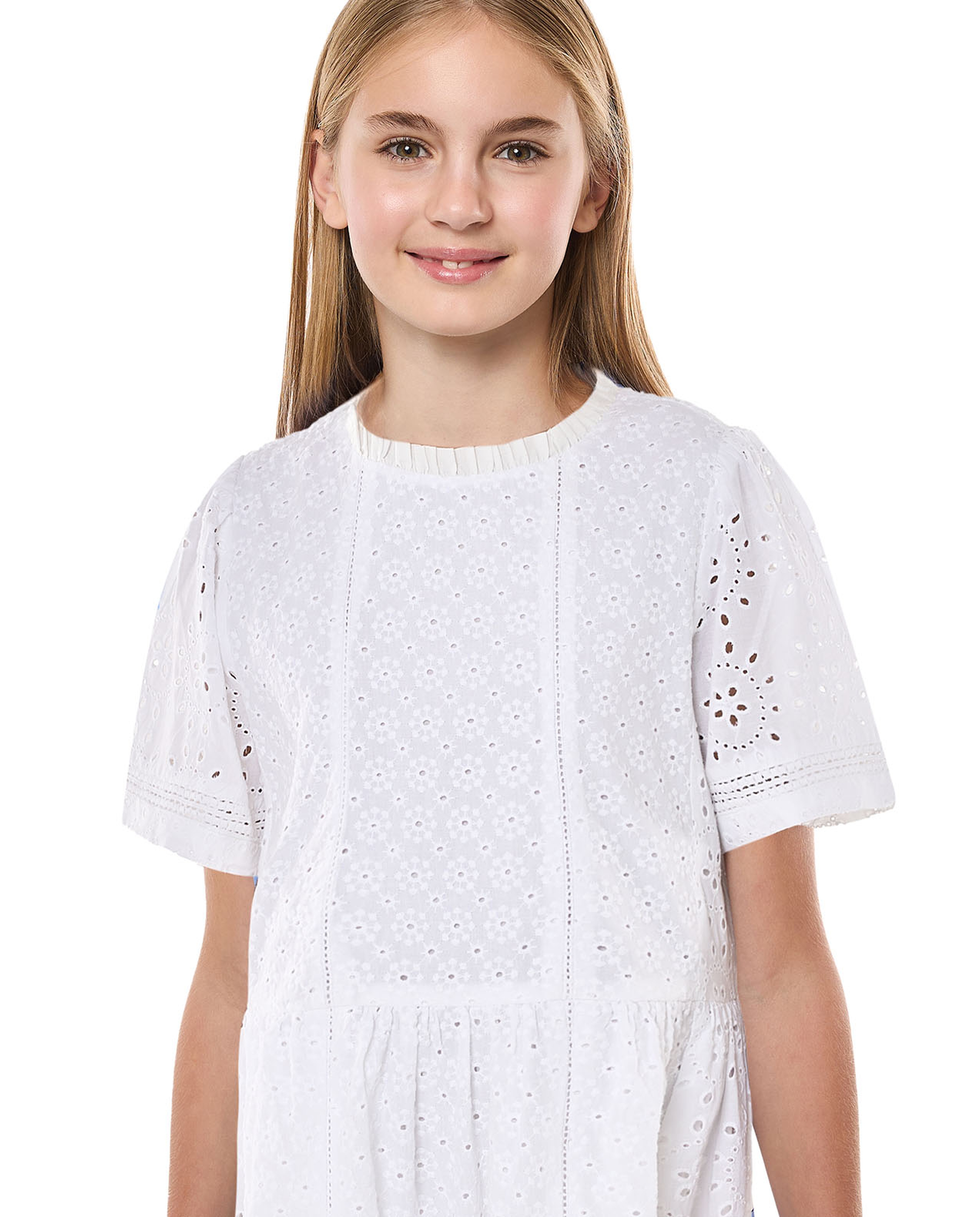 Schiffli Tiered Dress with Crew Neck and Short Sleeves