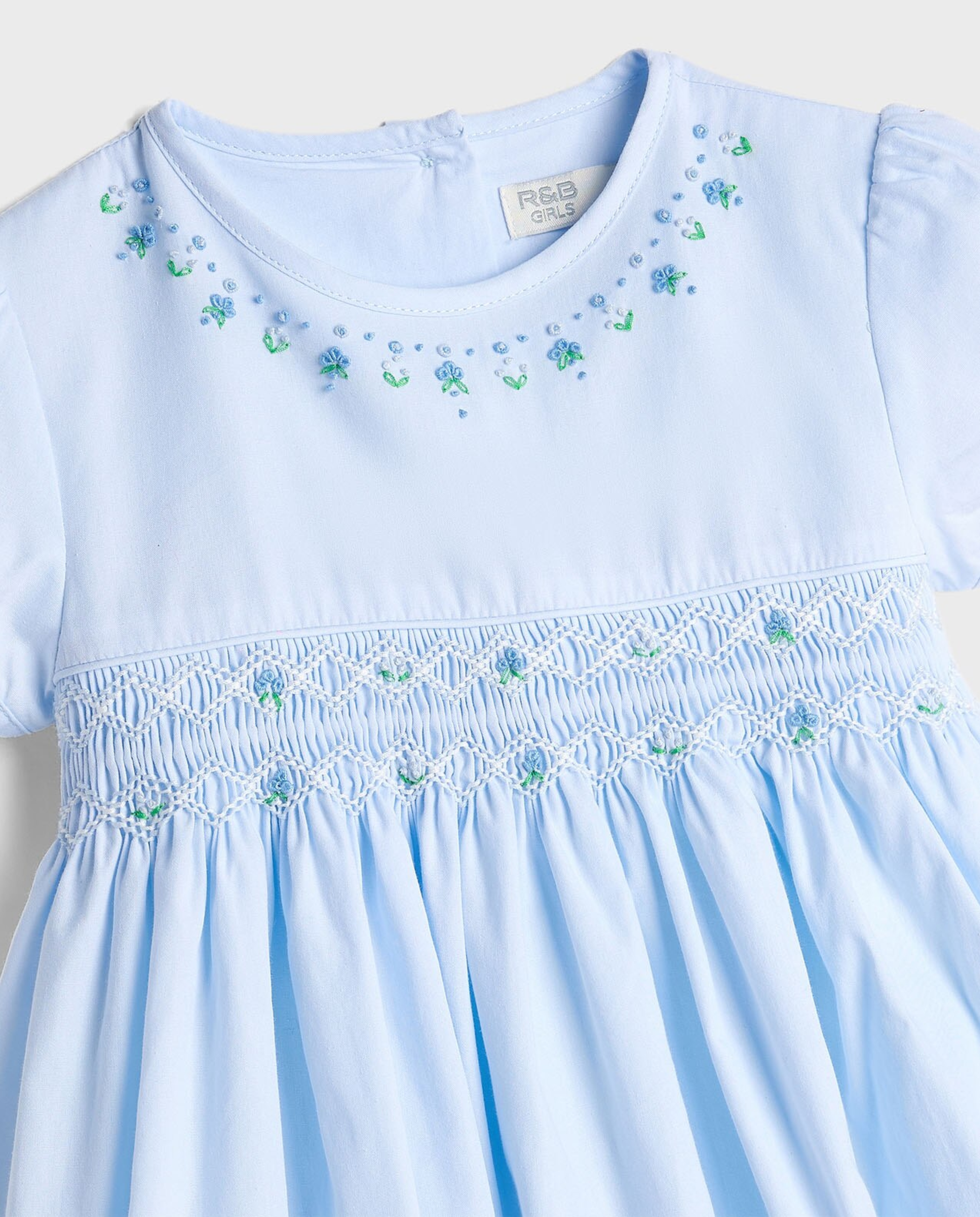 Embroidered Flared Dress with Crew Neck and Puff Sleeves