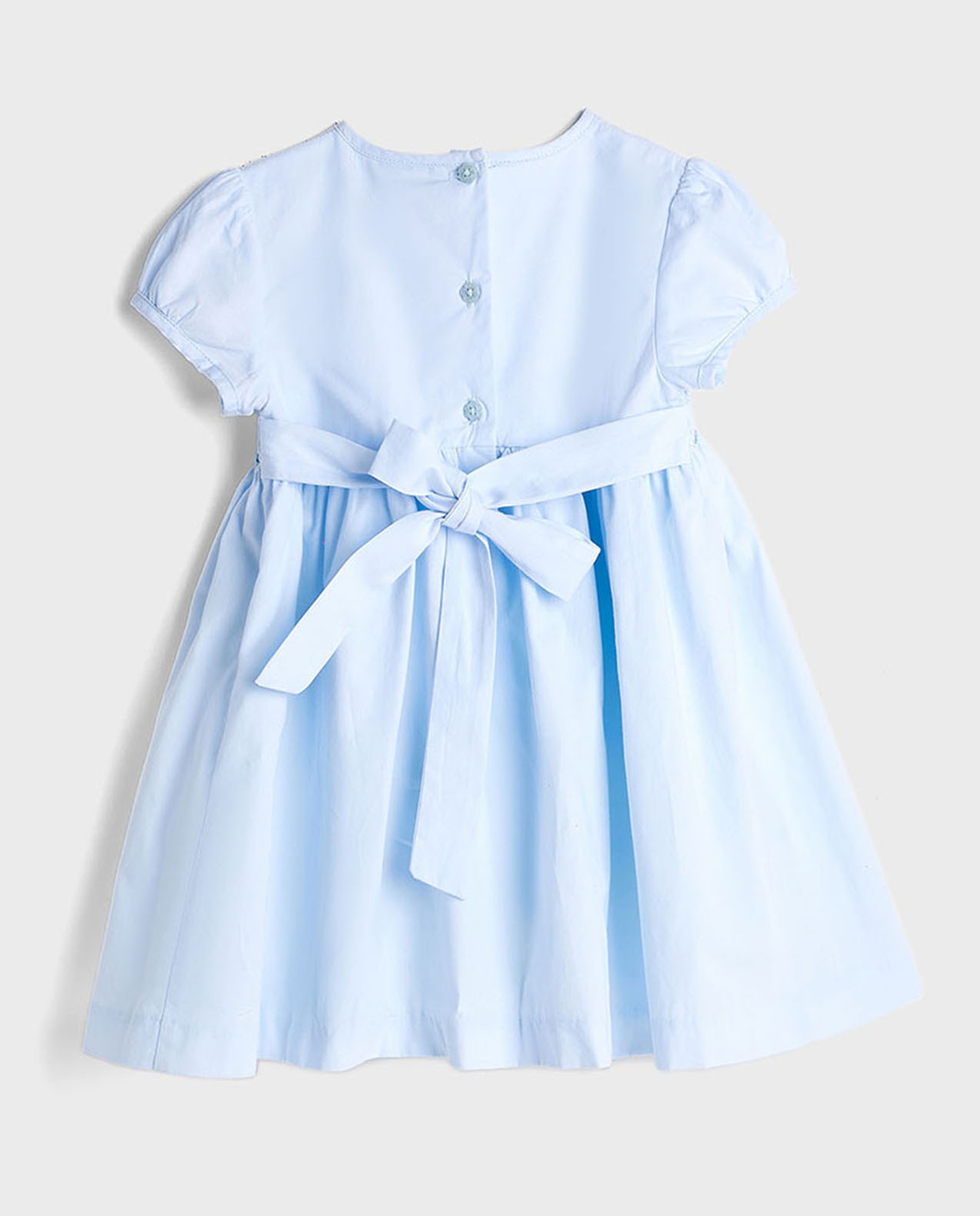 Embroidered Flared Dress with Crew Neck and Puff Sleeves