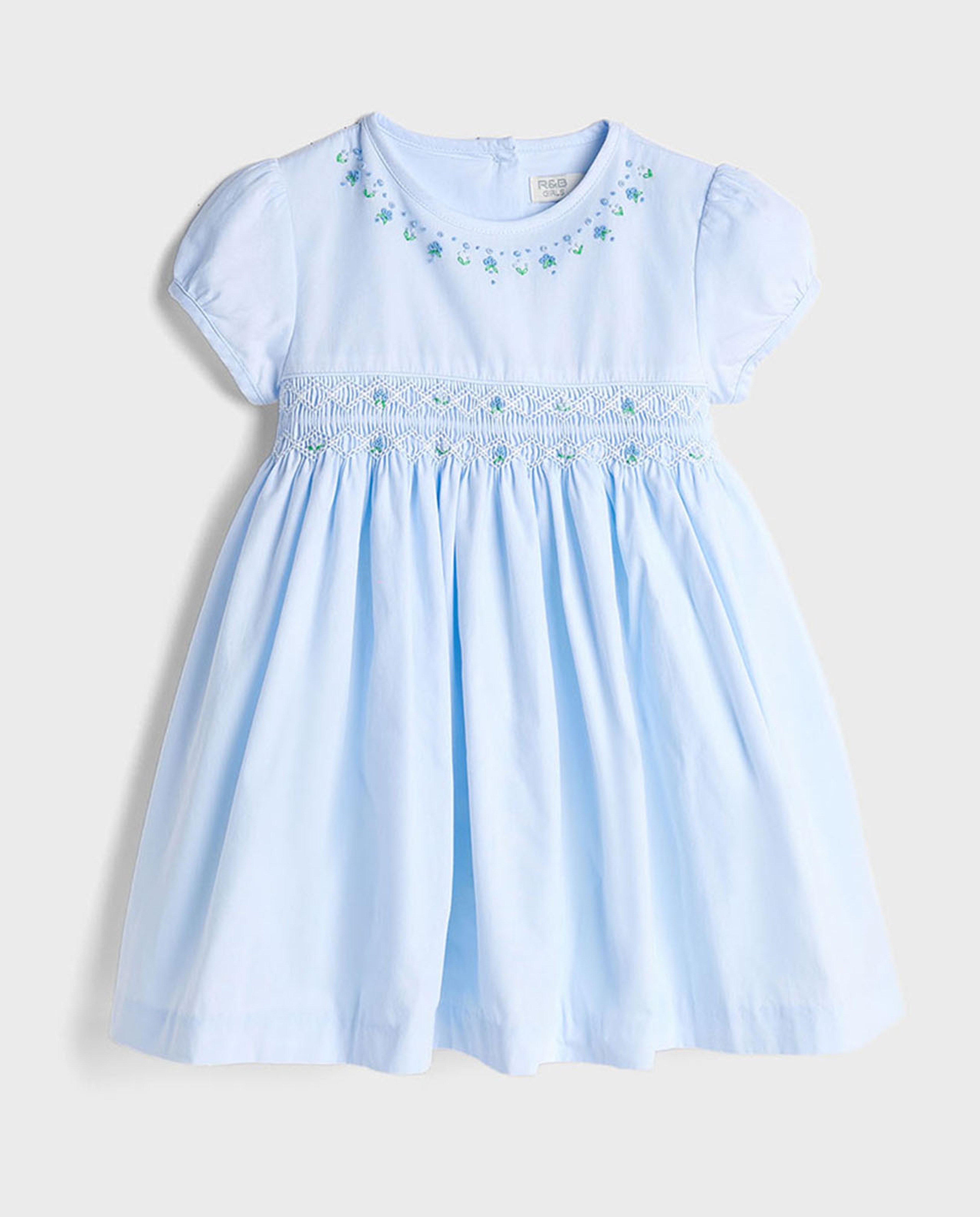 Embroidered Flared Dress with Crew Neck and Puff Sleeves