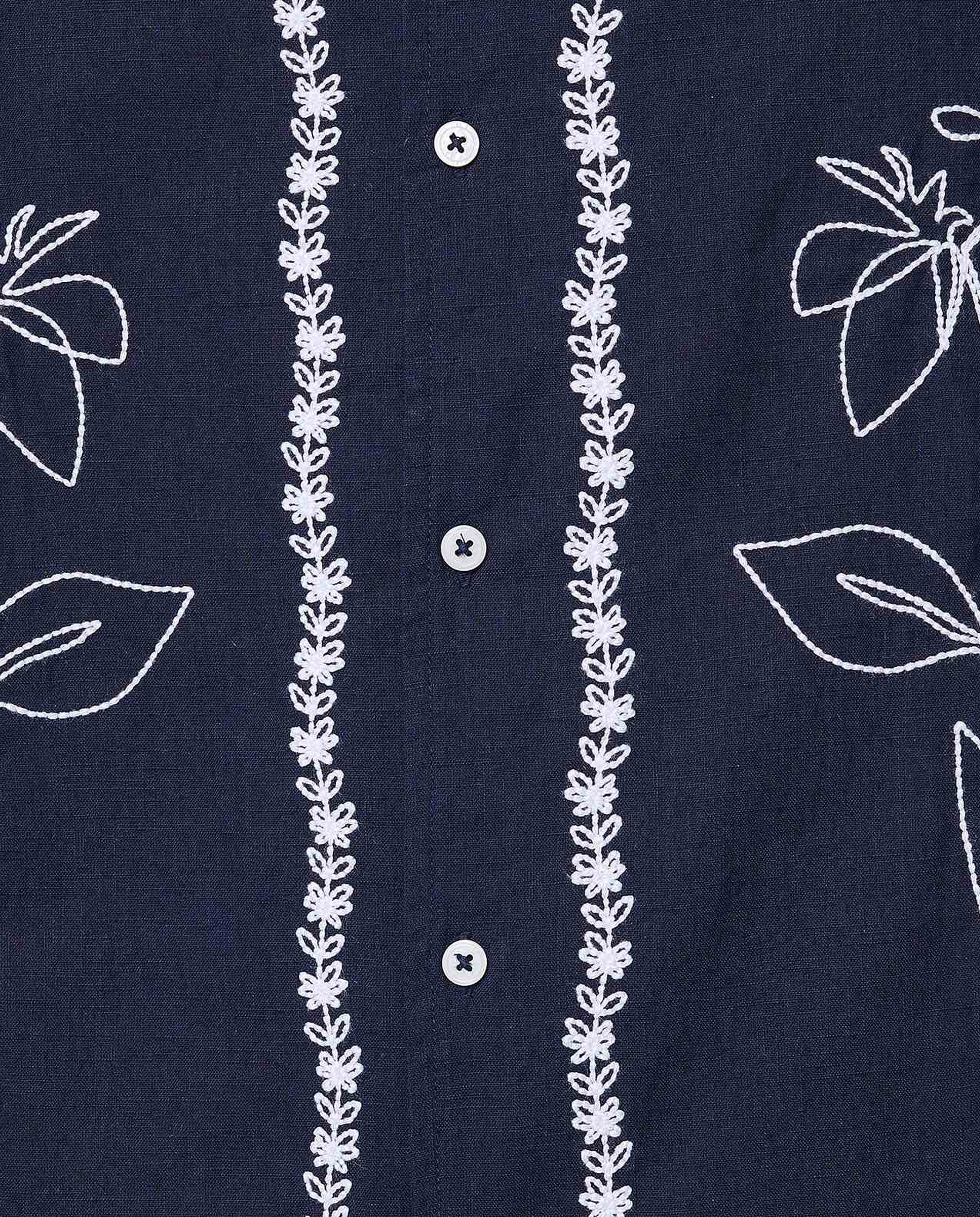 Embroidered Shirt with Revere Collar and Short Sleeves