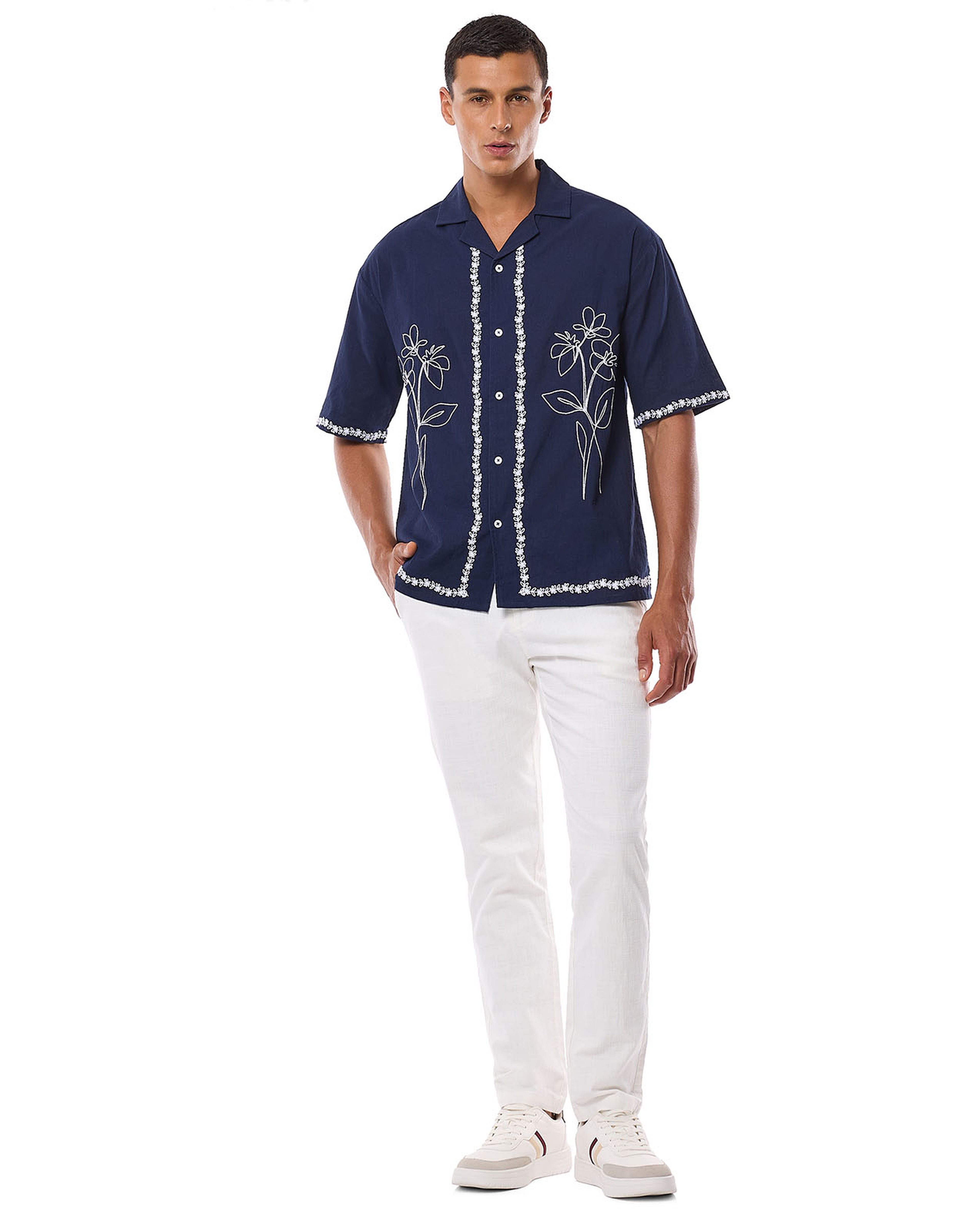 Embroidered Shirt with Revere Collar and Short Sleeves