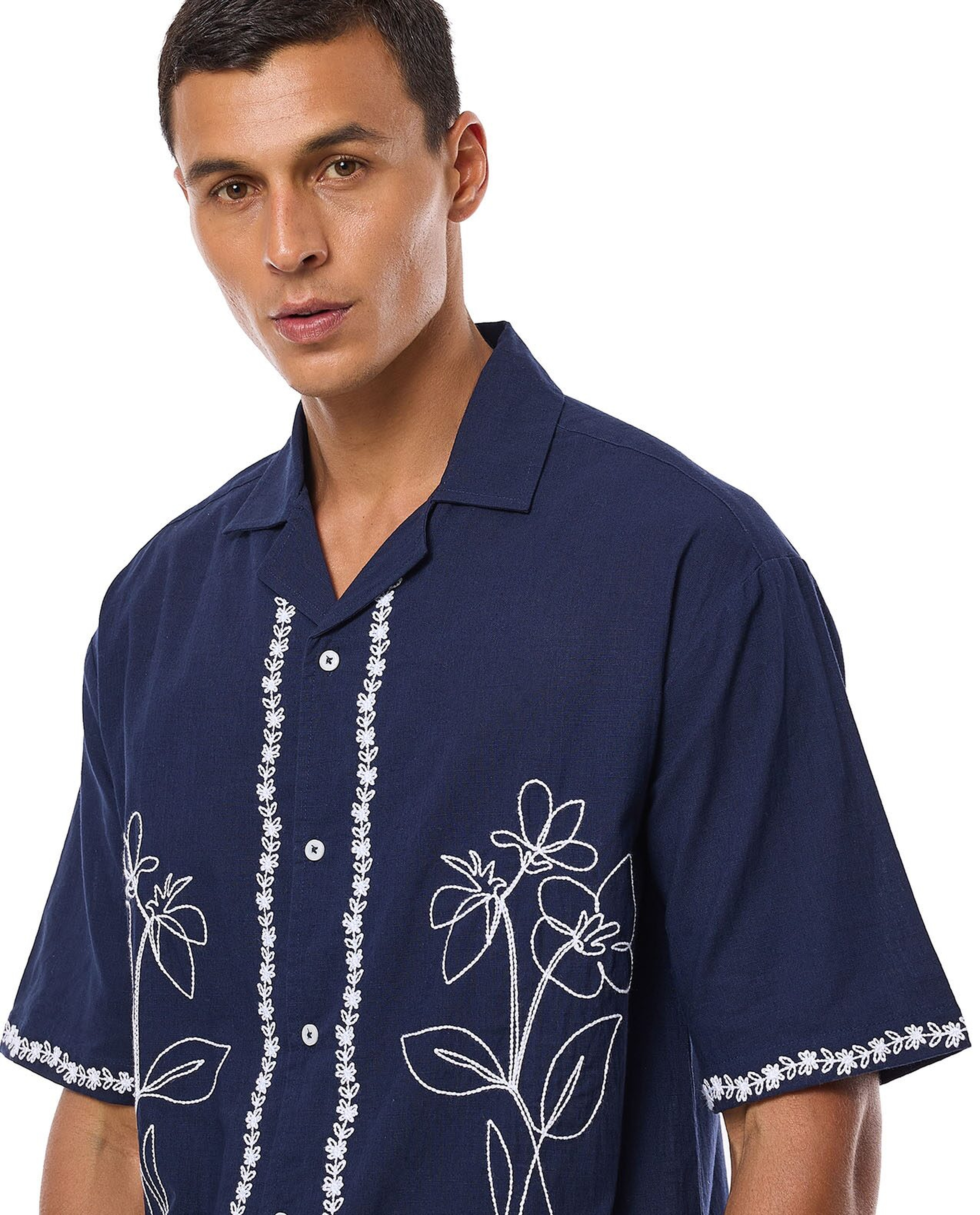 Embroidered Shirt with Revere Collar and Short Sleeves