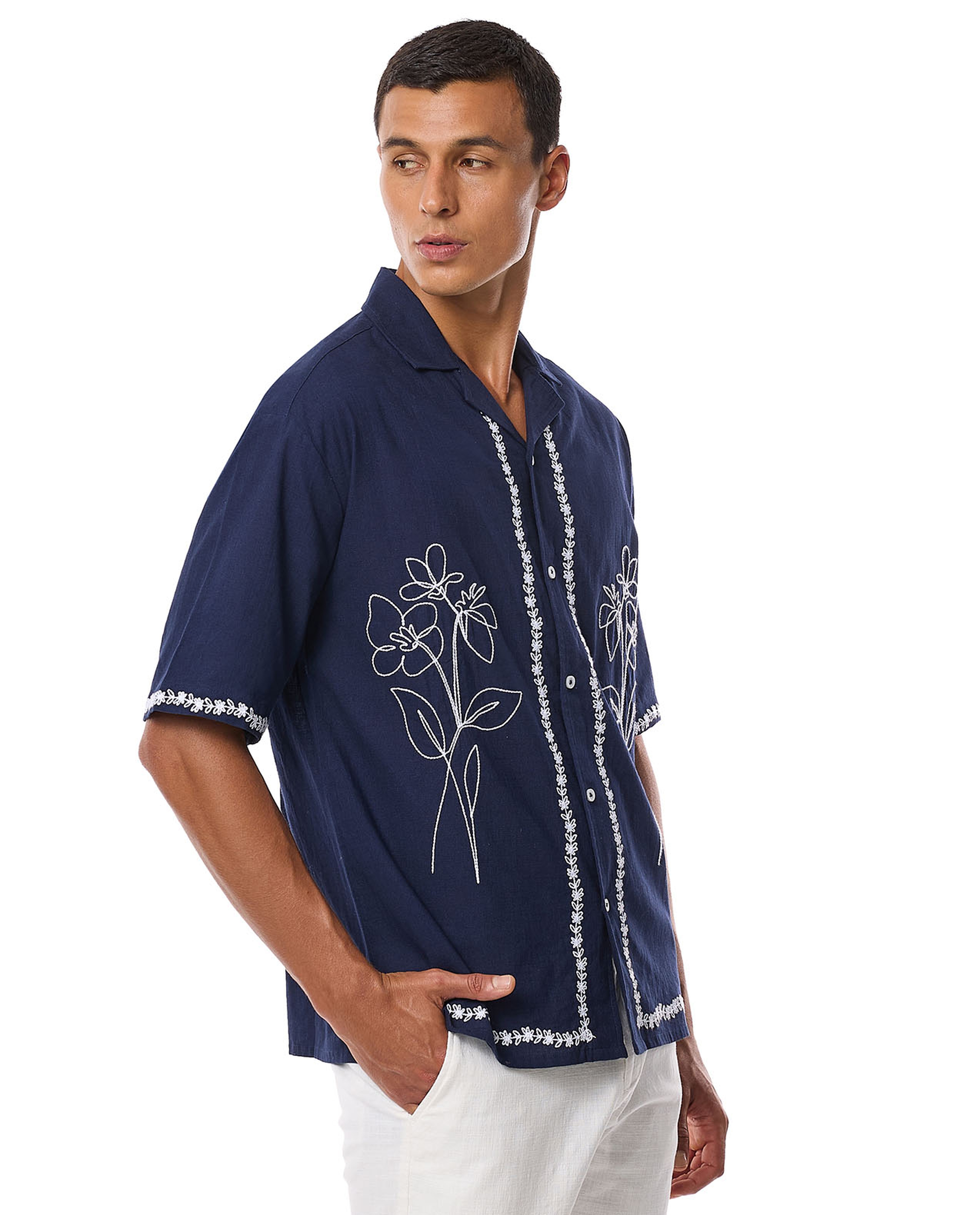Embroidered Shirt with Revere Collar and Short Sleeves