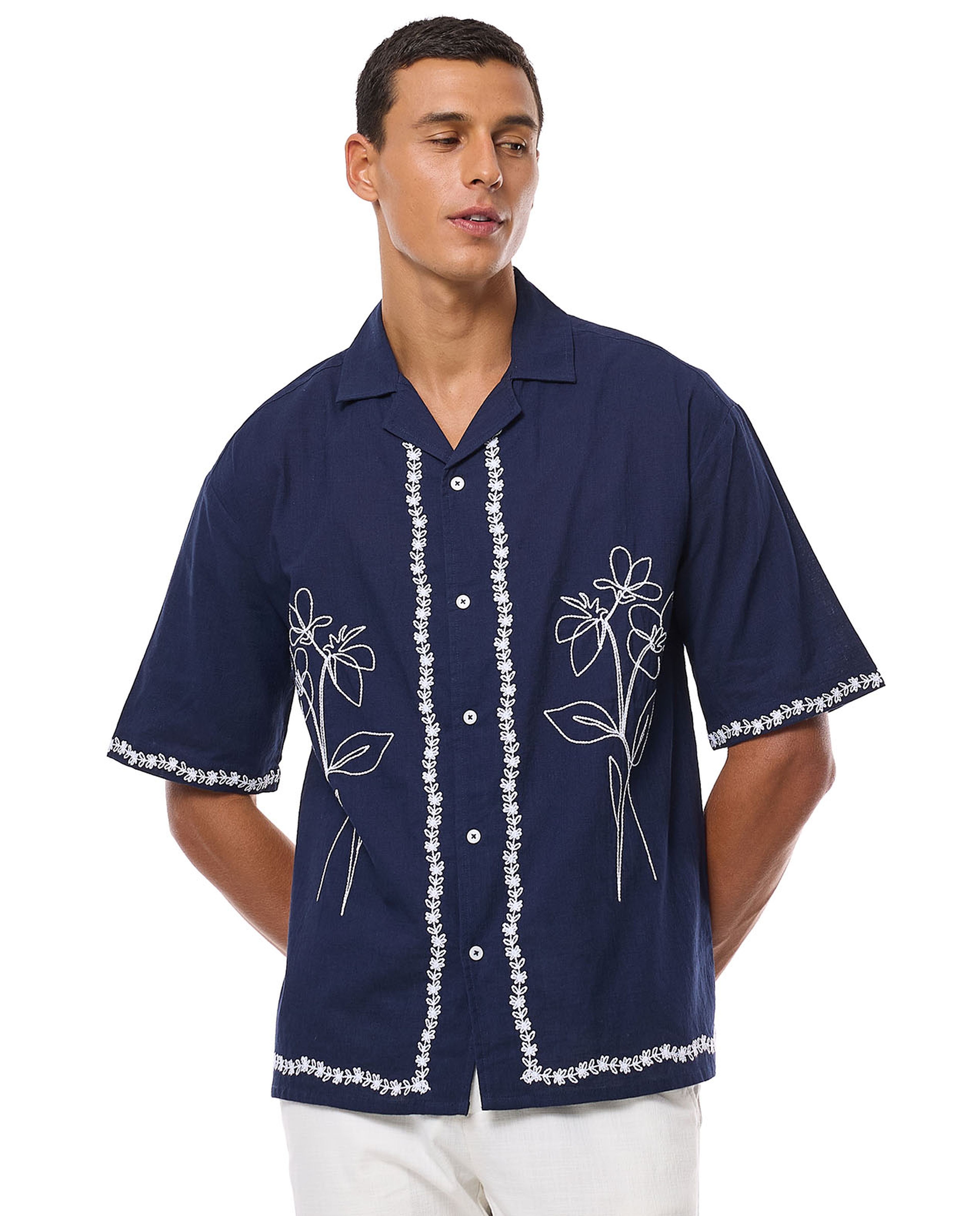 Embroidered Shirt with Revere Collar and Short Sleeves