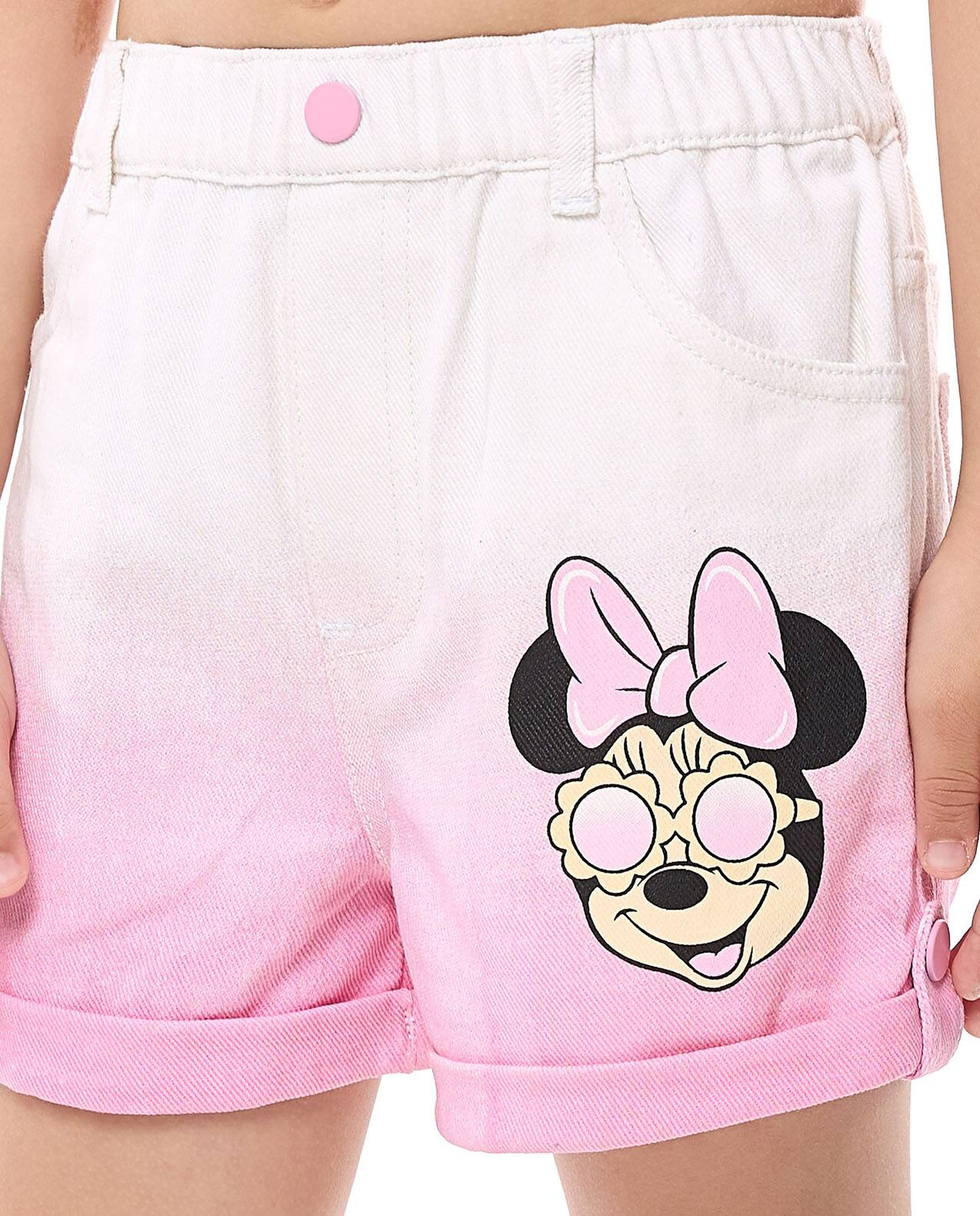 Minnie Mouse Printed Denim Shorts with Button Closure