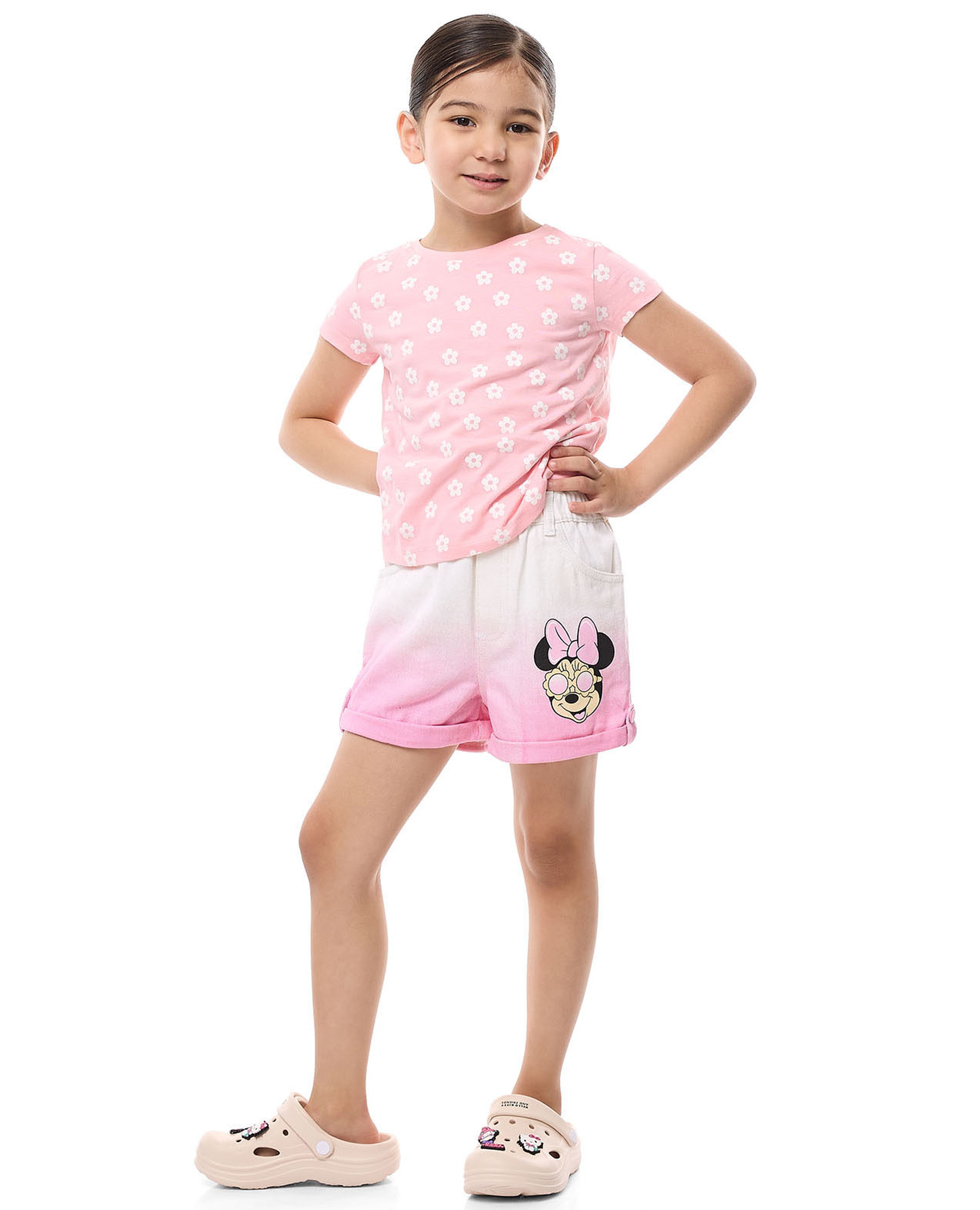 Minnie Mouse Printed Denim Shorts with Button Closure