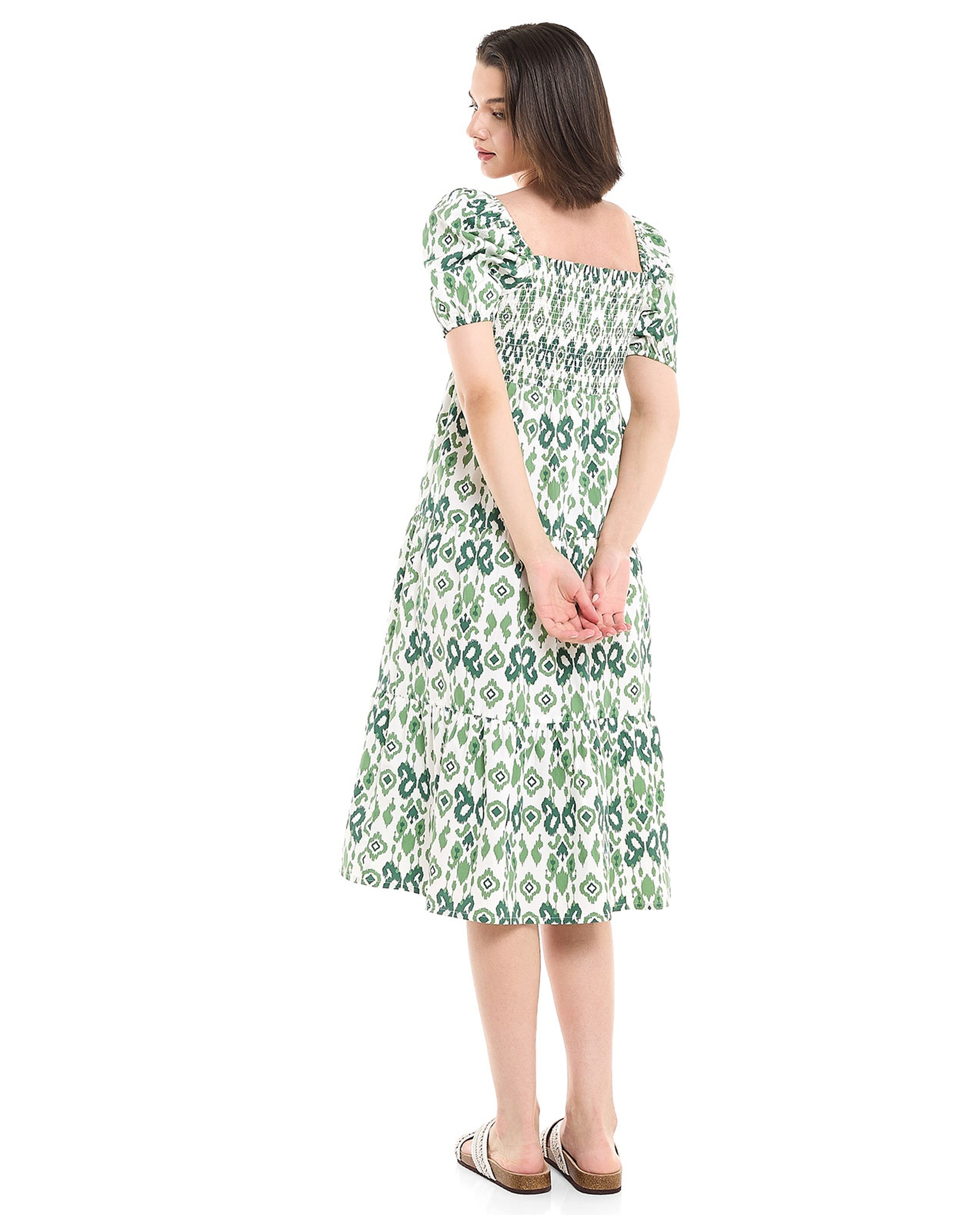 Printed Midi Dress with Square Neck and Puff Sleeves