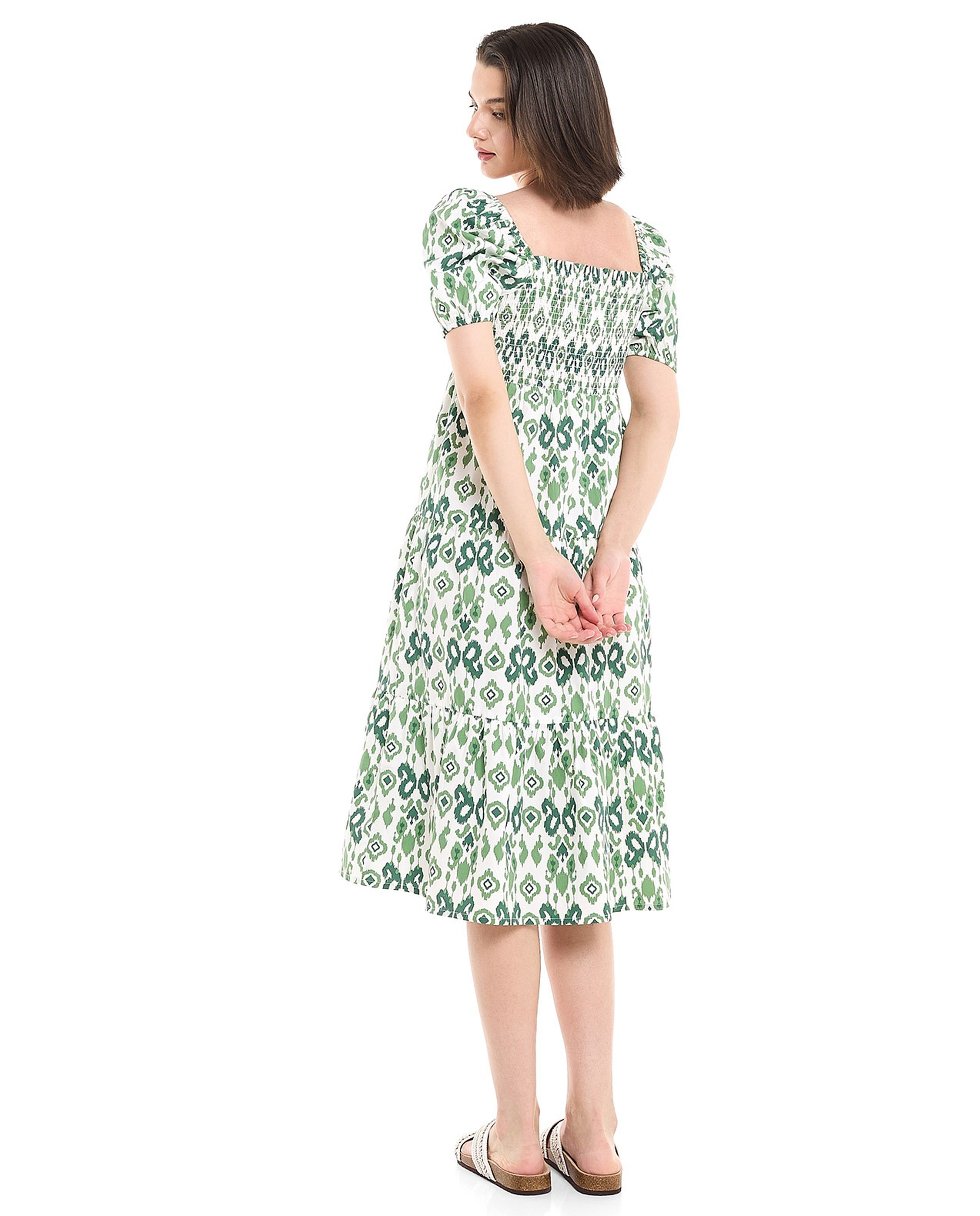 Printed Midi Dress with Square Neck and Puff Sleeves