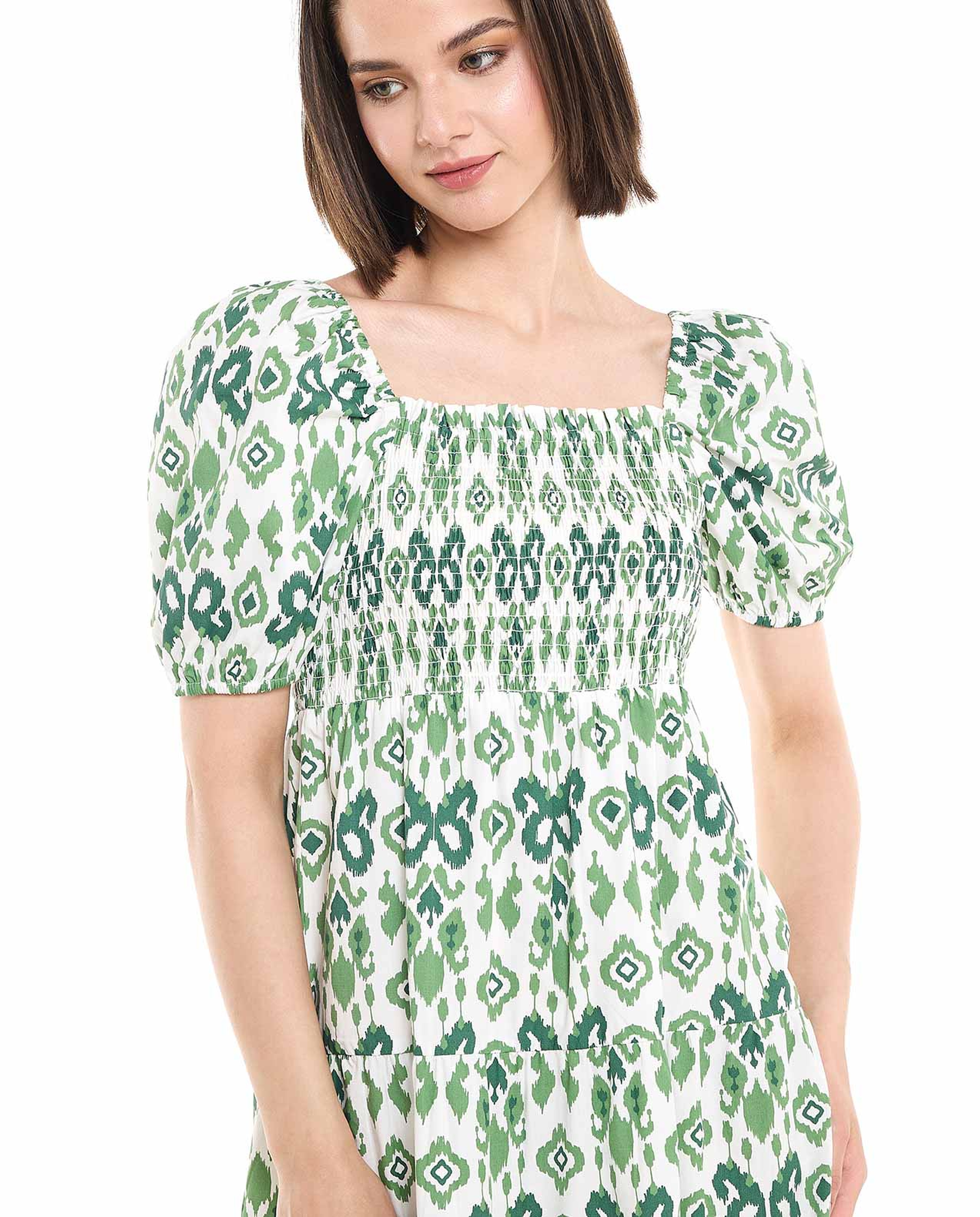 Printed Midi Dress with Square Neck and Puff Sleeves